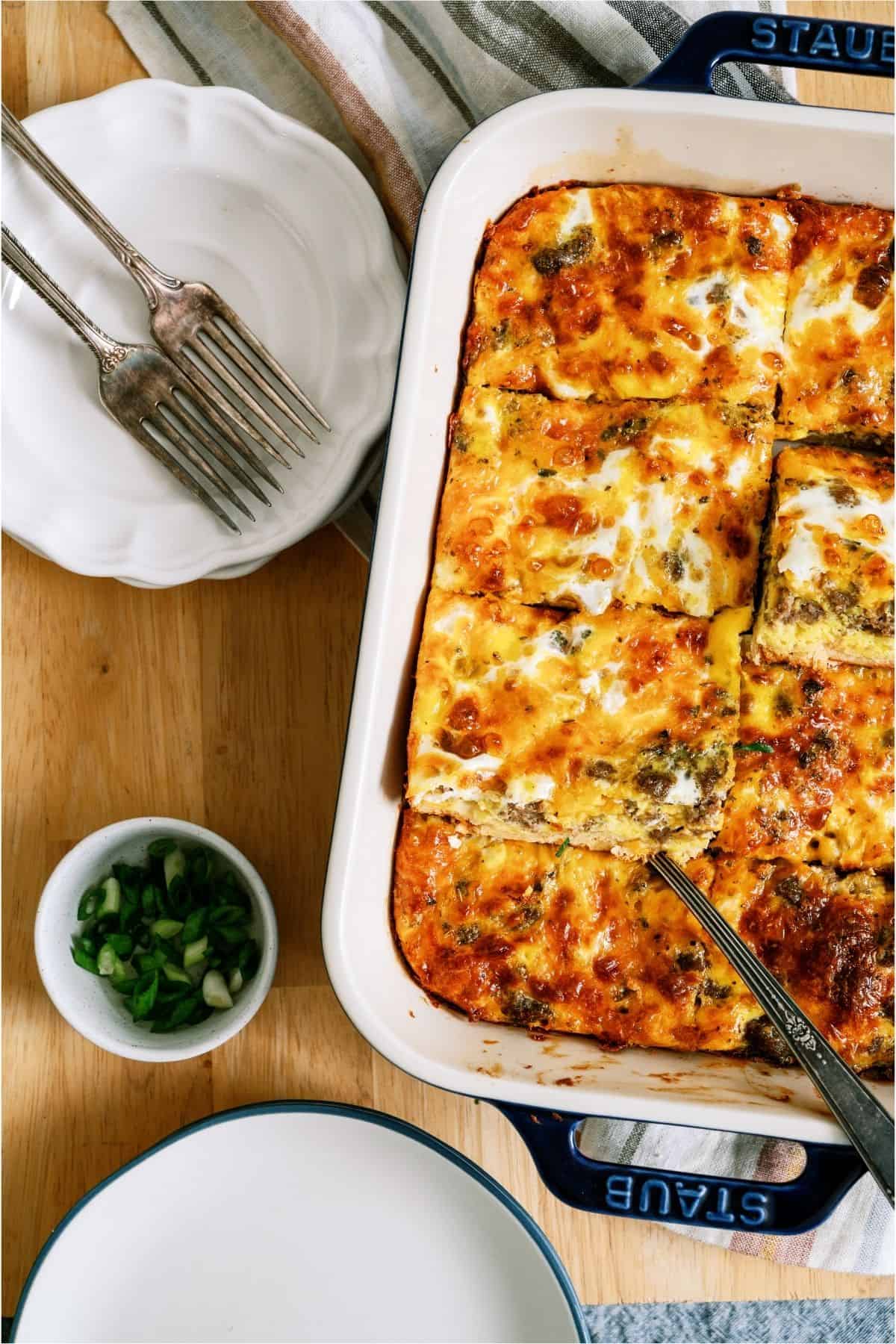 Baked Sausage Breakfast Casserole cut into squares.
