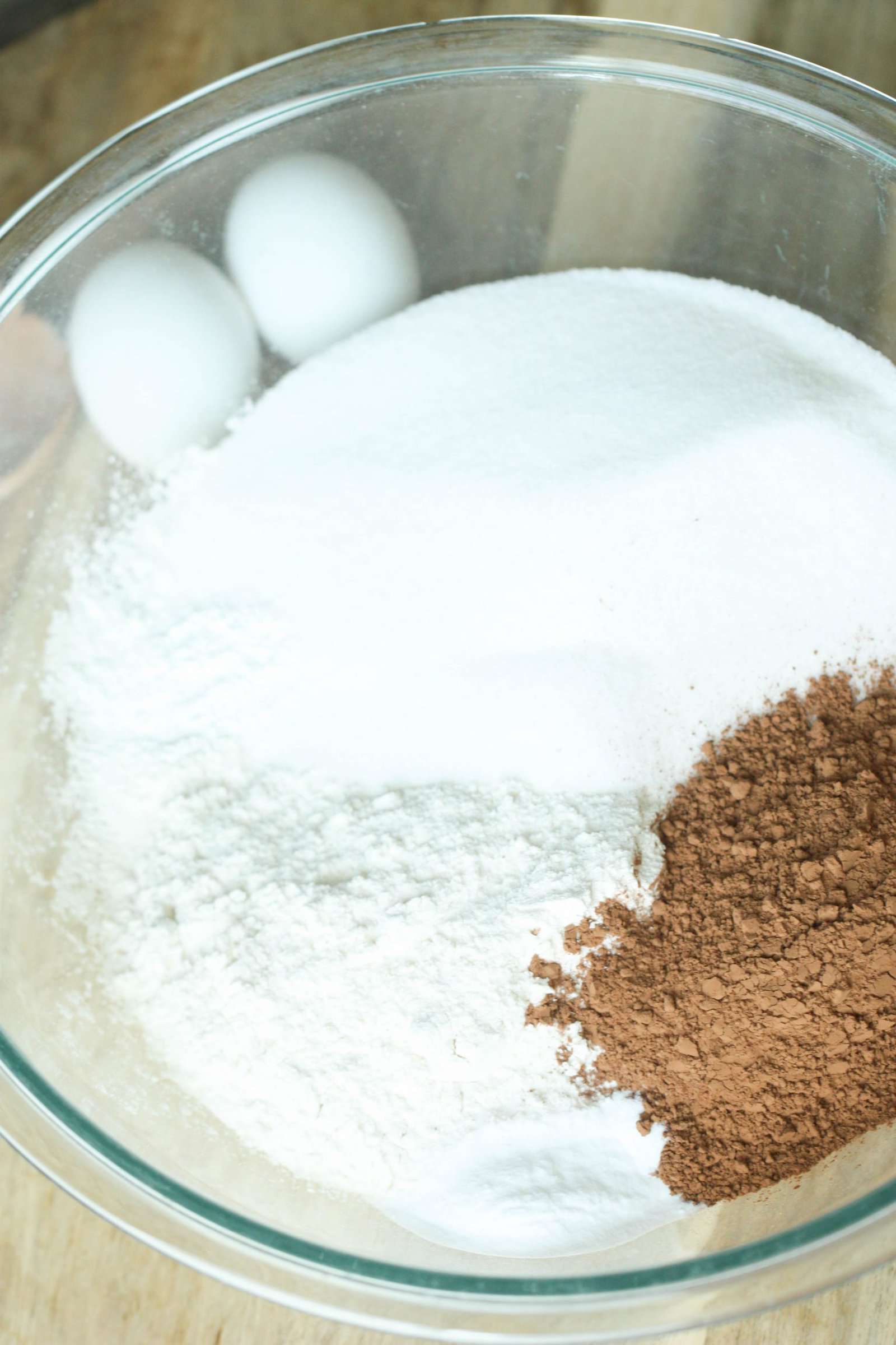 Dry ingredients for One Bowl Chocolate Cake (Made from scratch) in a mixing bowl