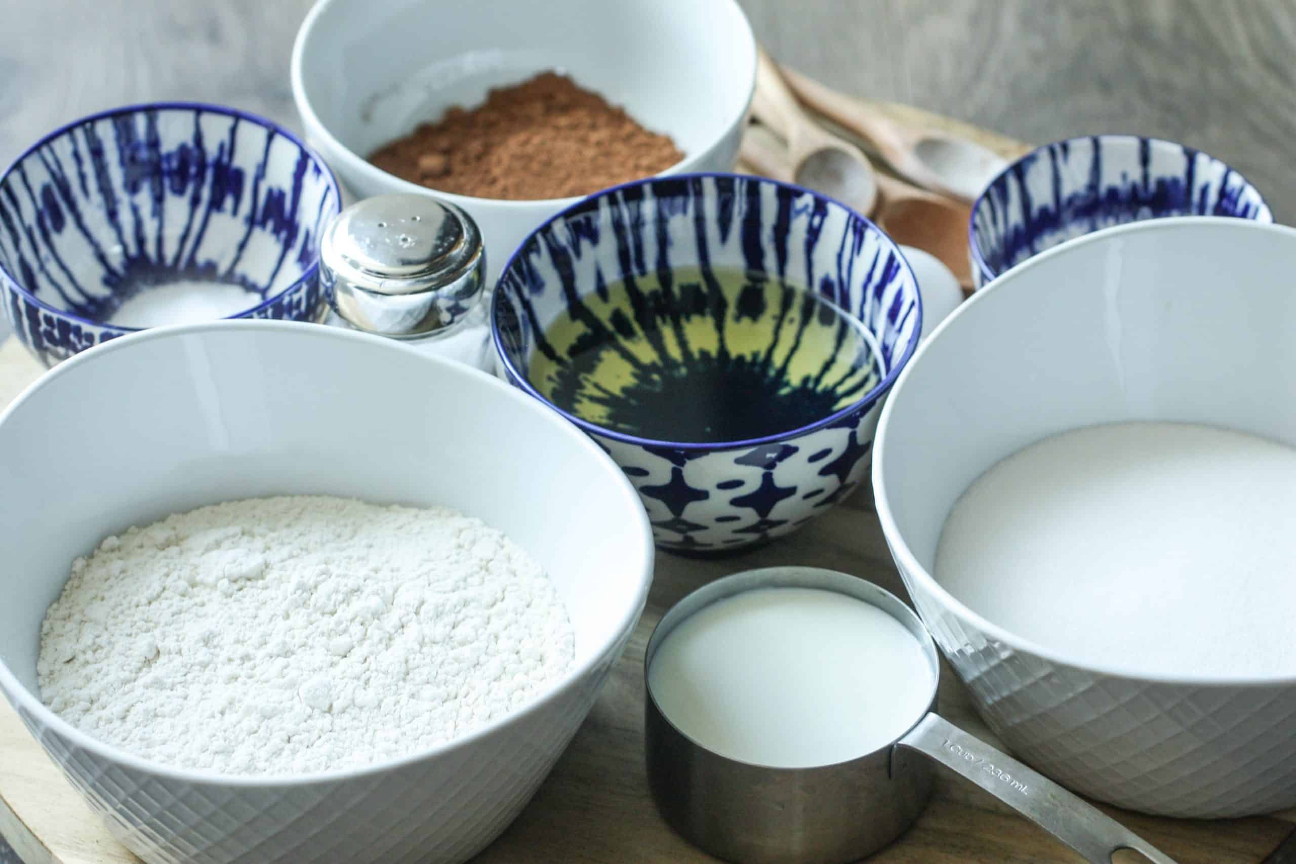 Ingredients needed to make One Bowl Chocolate Cake.