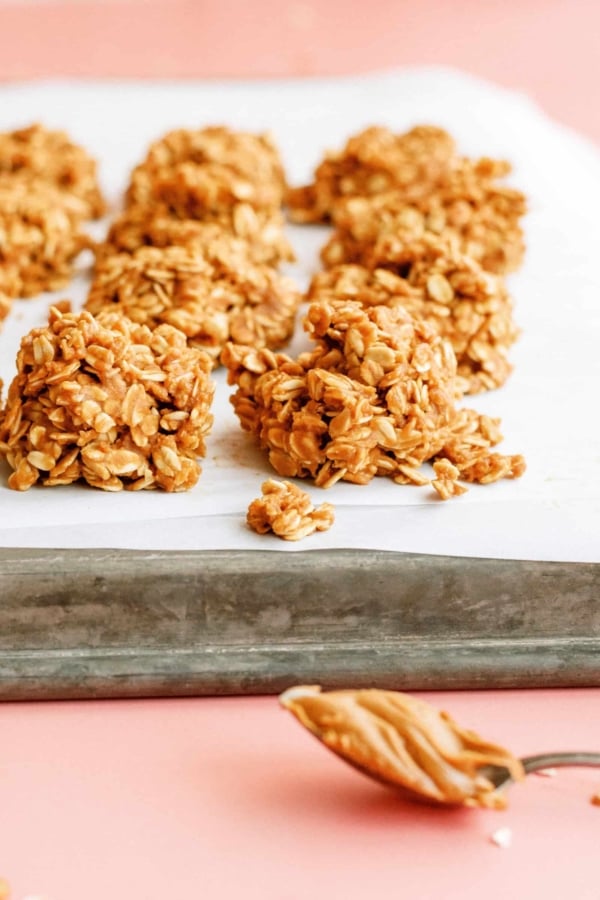 No-Bake Cookie Butter Cookies on a baking sheet lined with parchment paper.