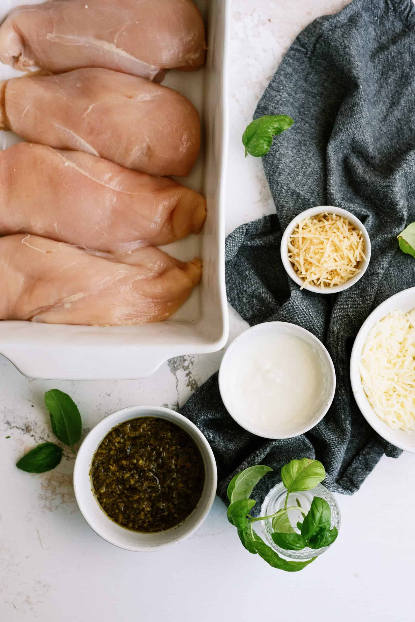 Chicken Breast in a pan surrounded by seasonings and cheese