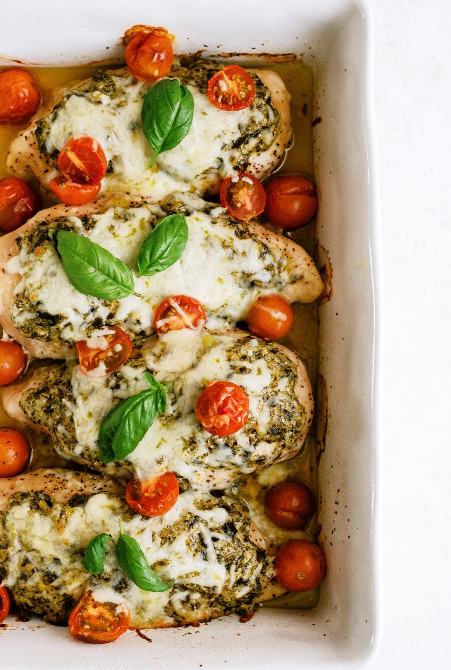 Cooked Easy Pesto Chicken Bake in pan