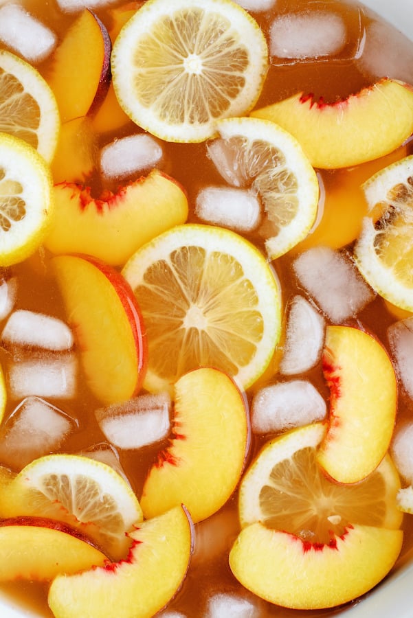 Close up of Sparkling Peach Punch in punch bowl