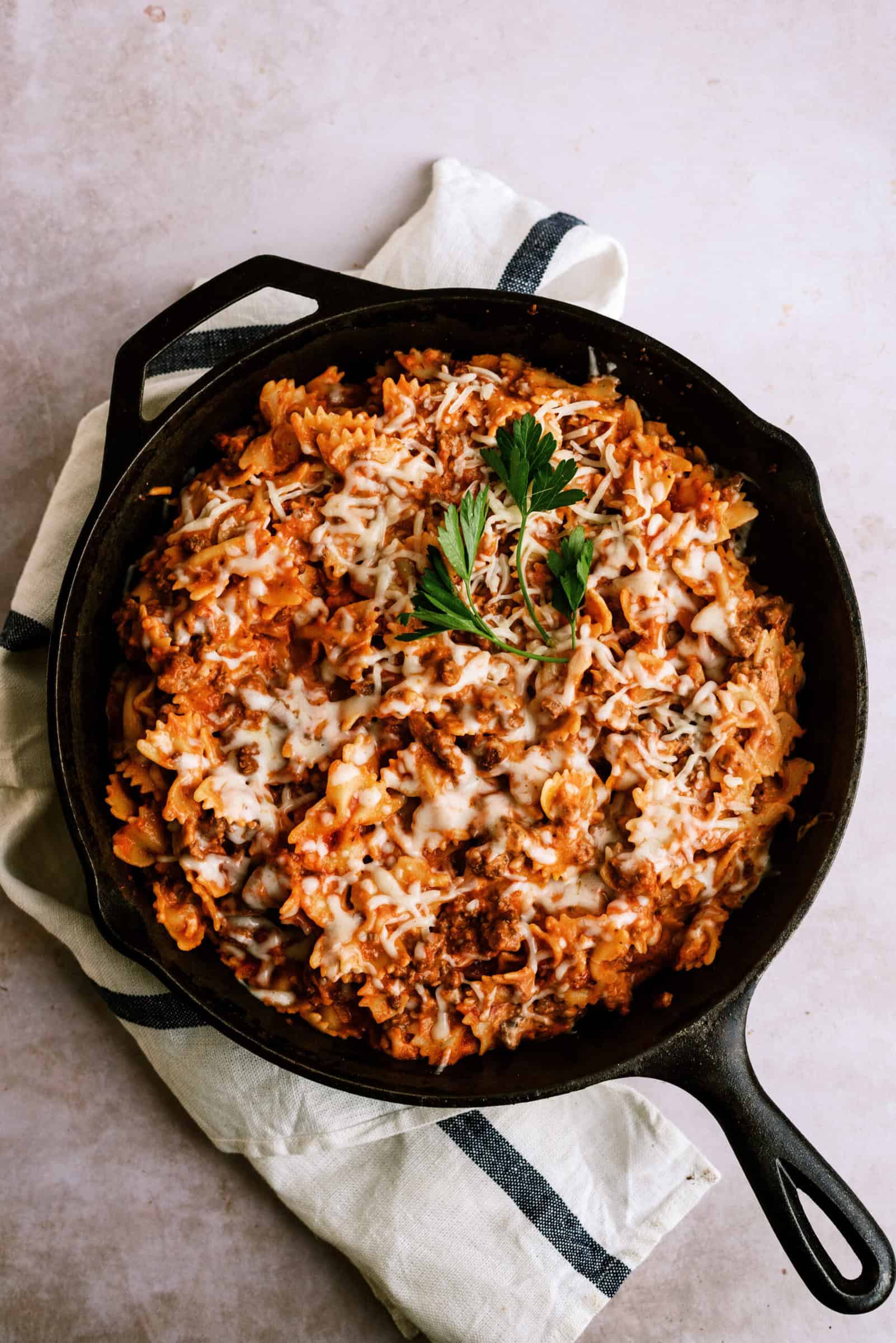 Cooked skillet lasagna in skillet.