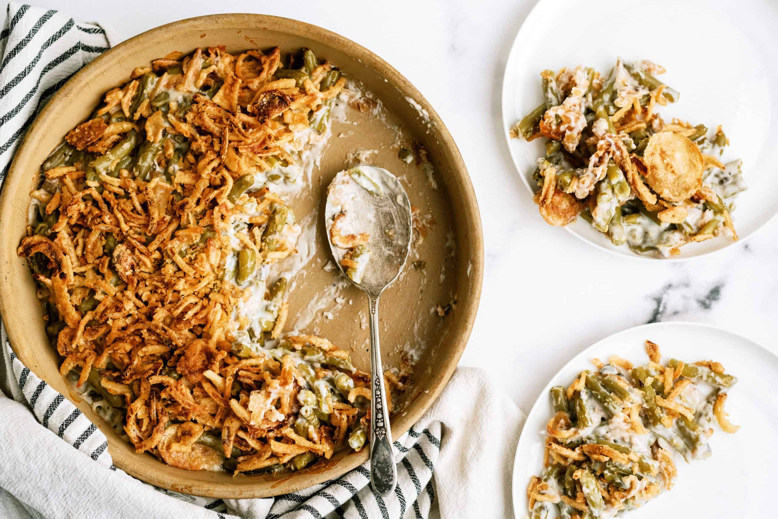 Casserole baked with plates dished out. 