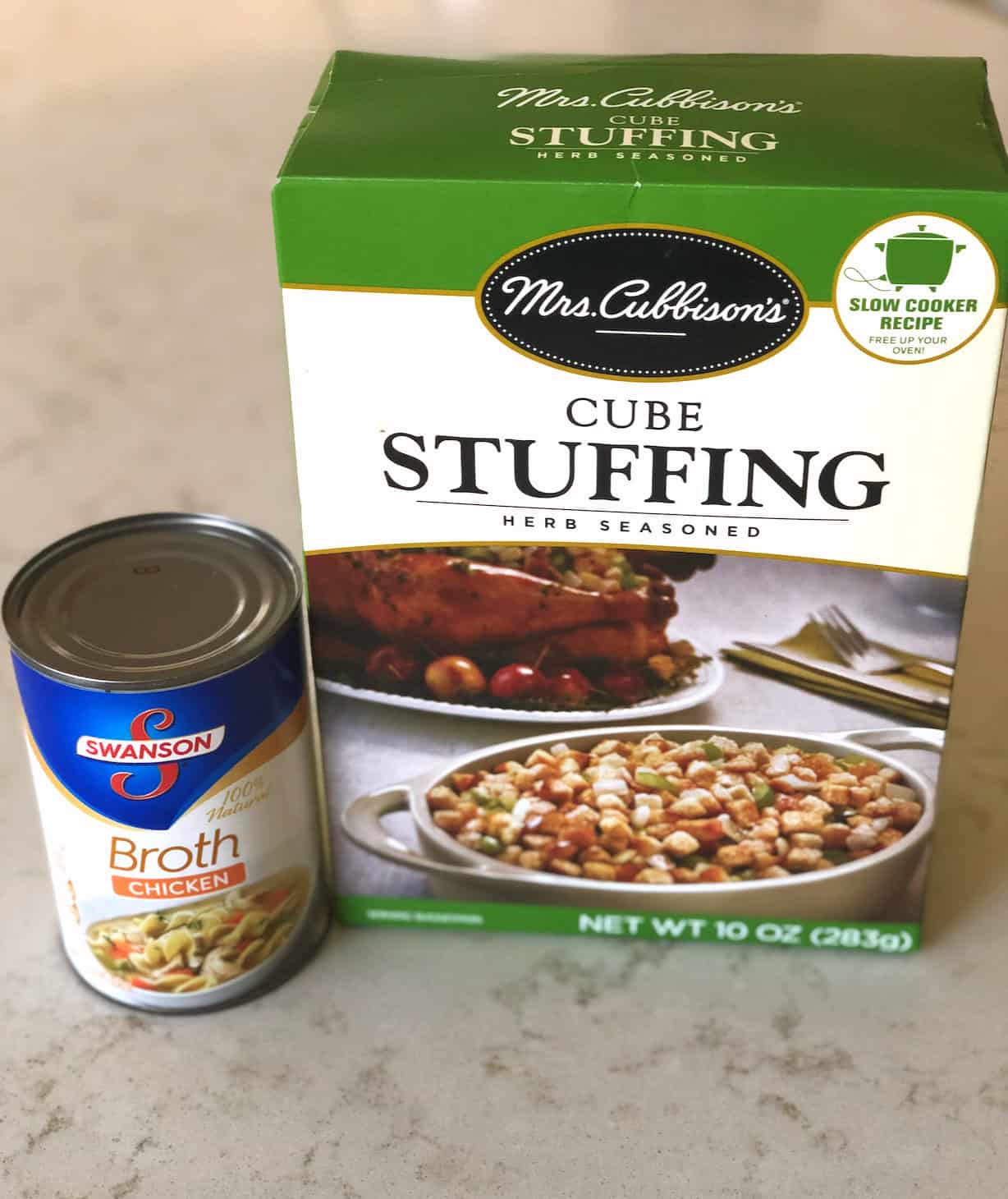 can of chicken broth and box of stuffing cubes