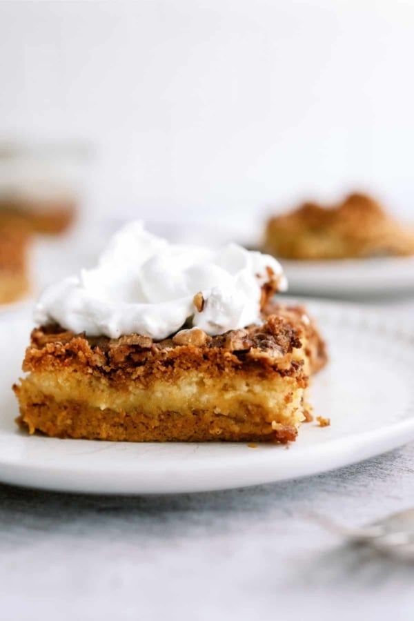 A slice of dessert with a crumbly top and a layer of cream, topped with whipped cream, sits on a white plate.