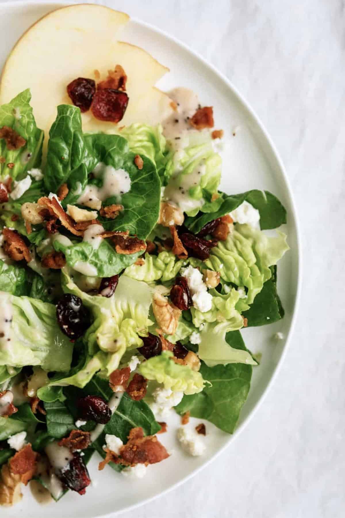 A green salad with spinach, crumbled cheese, dried cranberries, bacon bits, sliced apple, and creamy dressing on a white plate.