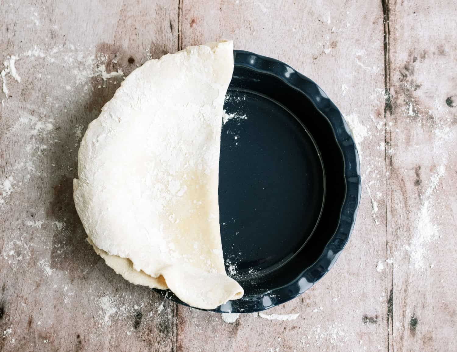 pie dough being laid out in the bottom of the pie tin