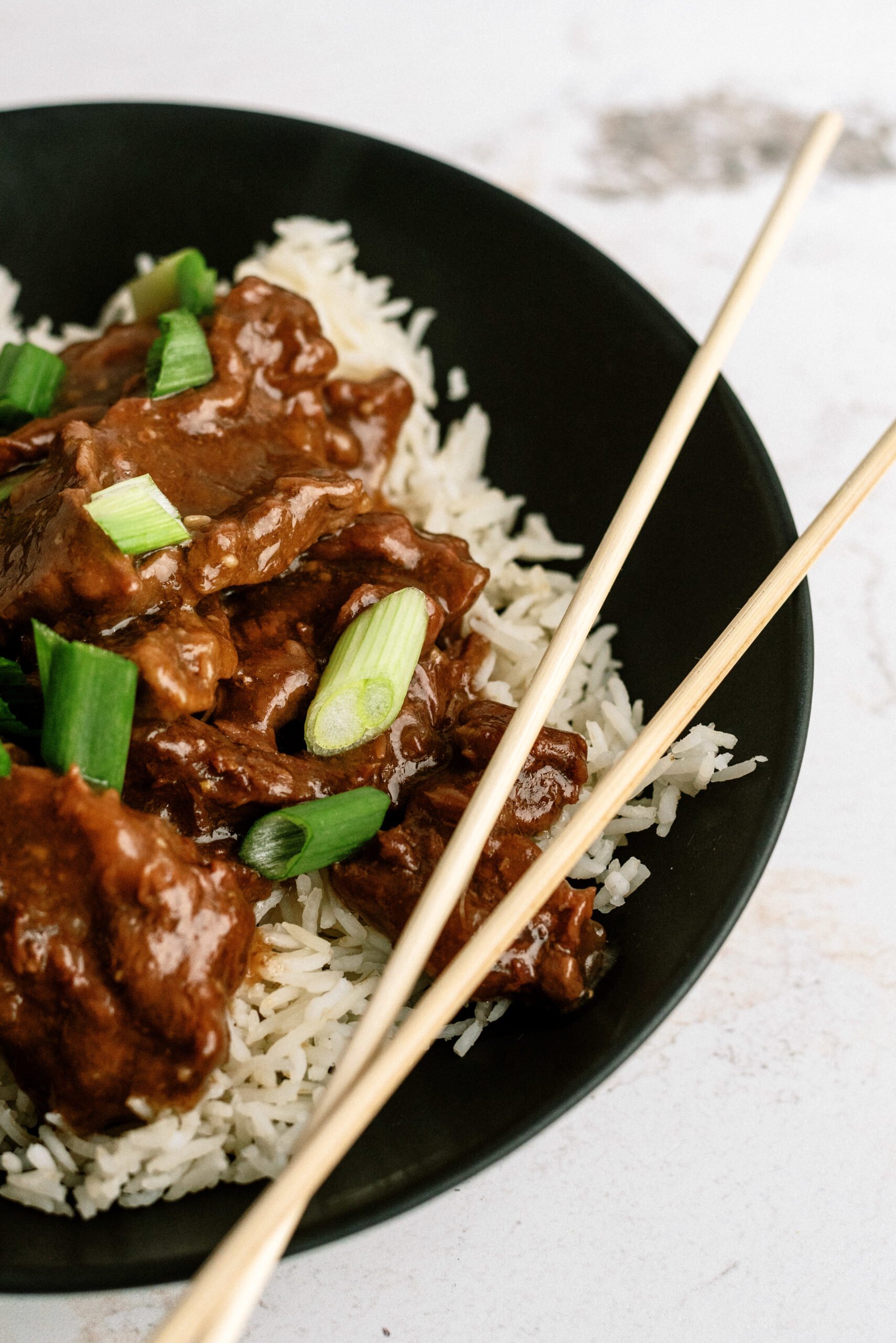Plated Mongolian Beef with Chop Sticks
