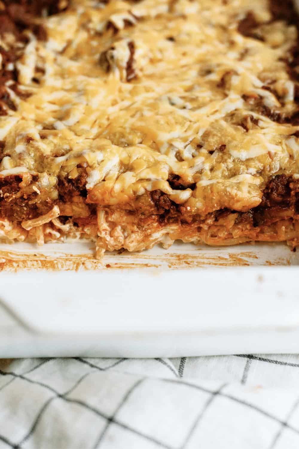 close up of million dollar spaghetti casserole in a 9x13 pan