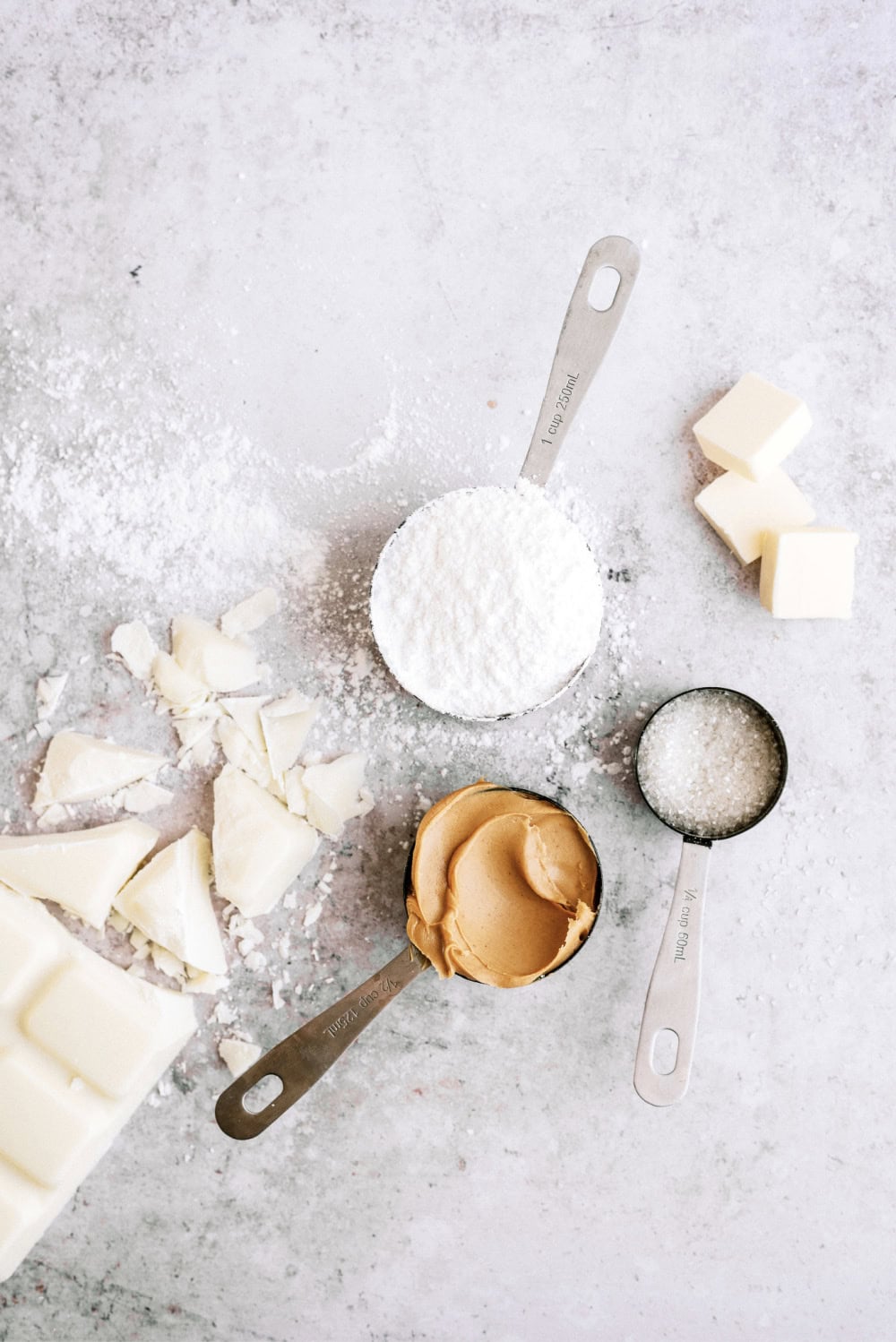 white chocolate candy coating, peanut butter, powdered sugar, butter, and sugar