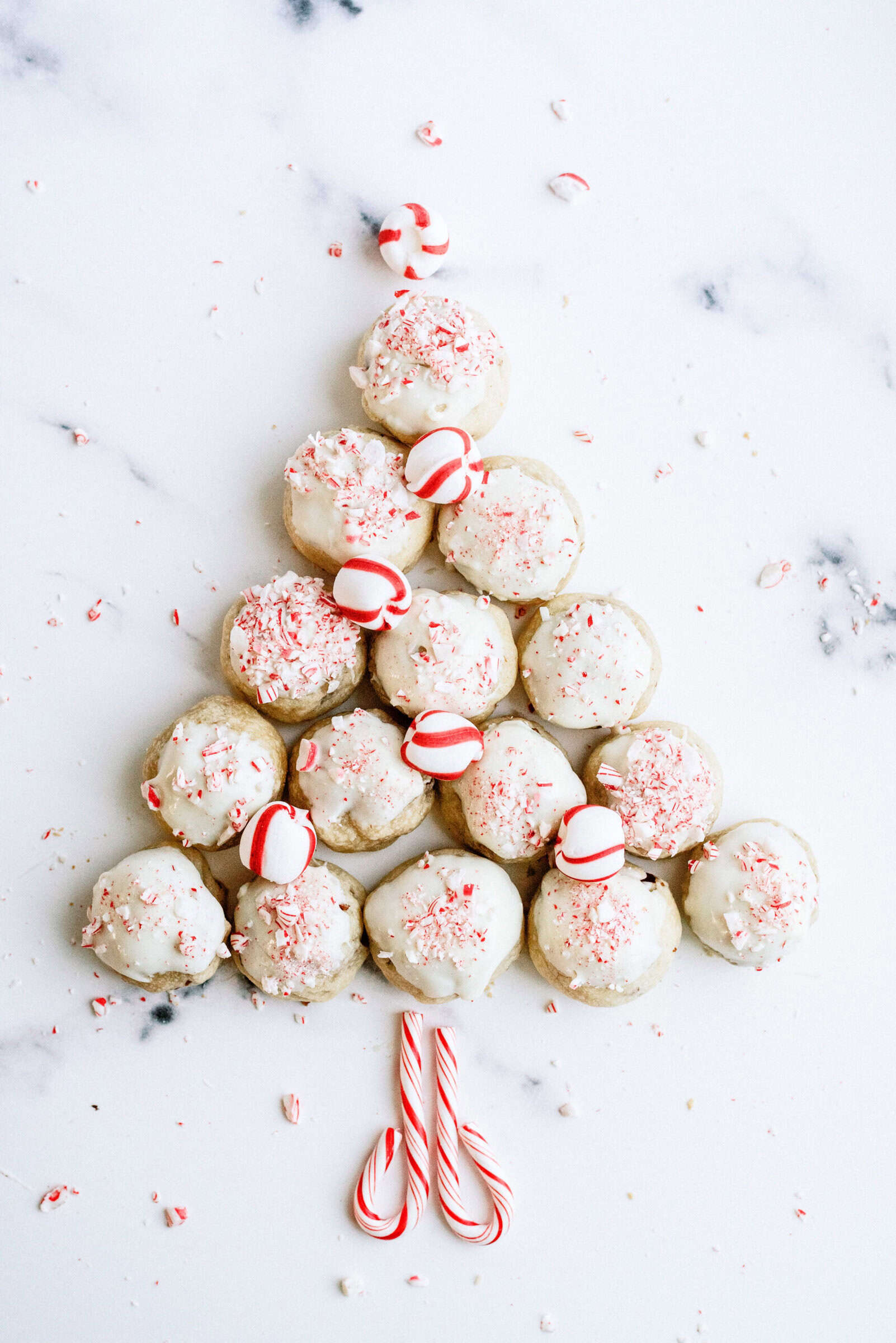 peppermint cookies in a christmas tree shape