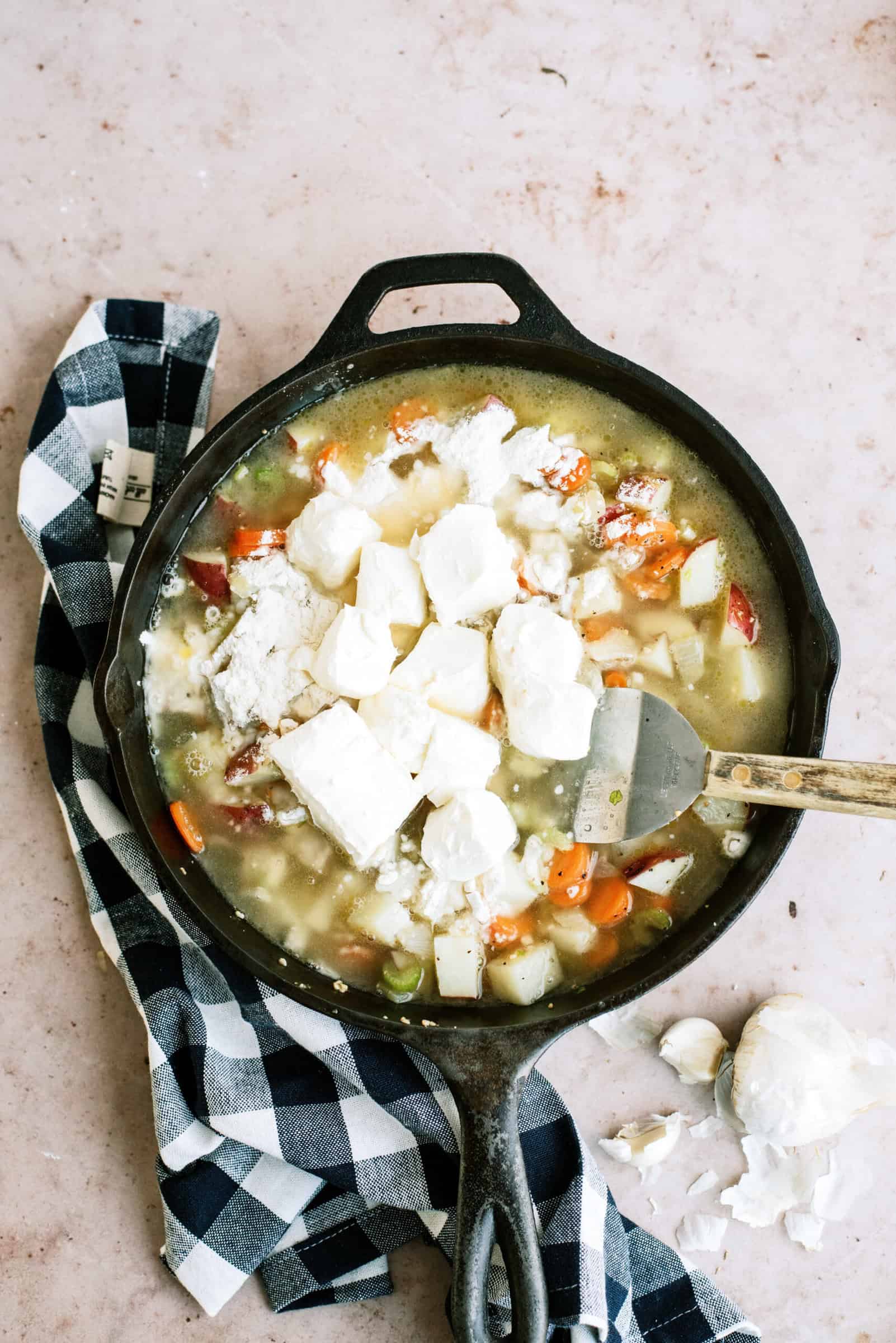 Cream Cheese added to veggie mixture in chicken pot pie ingredients.