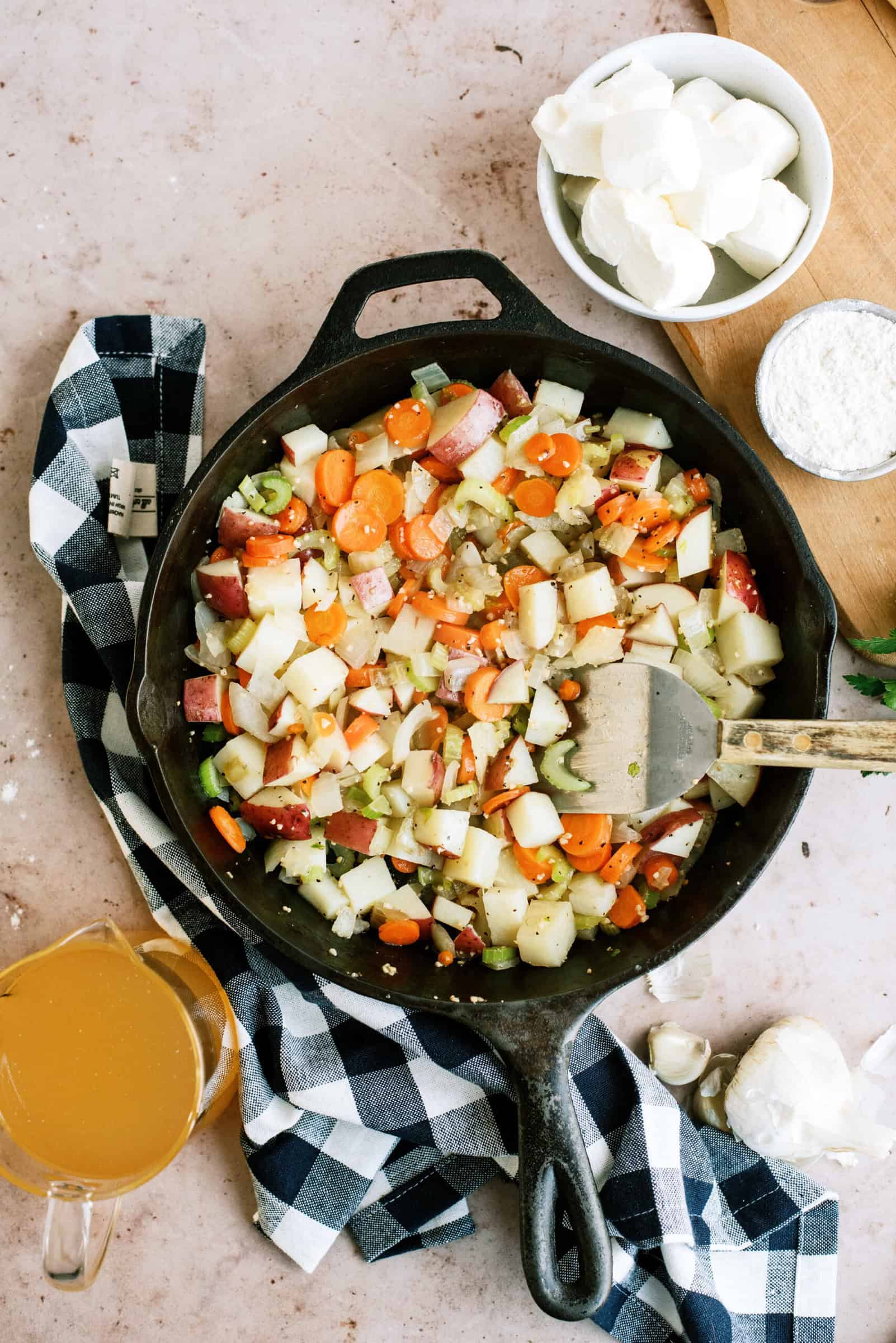 Veggies added to skillet chicken pot pie