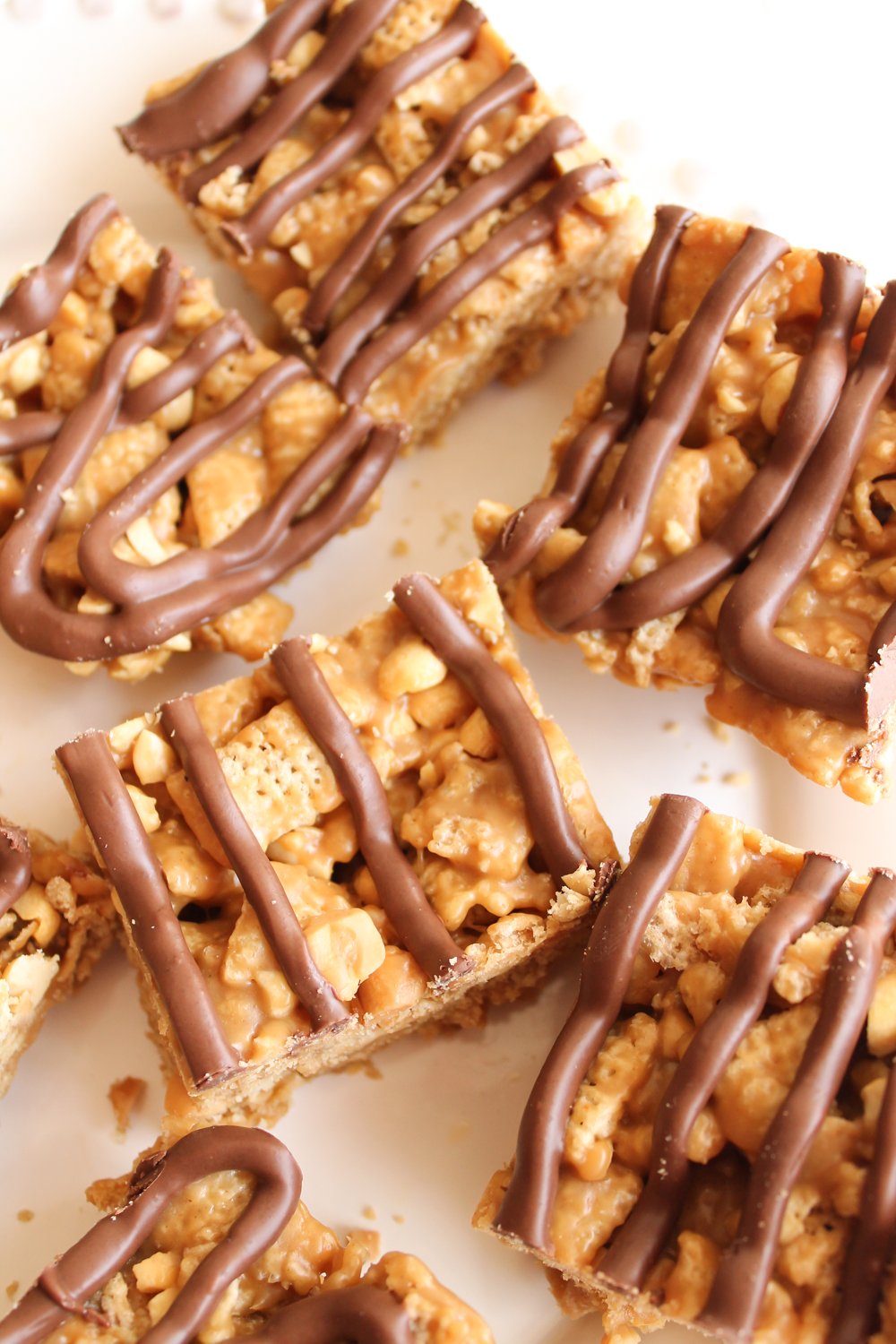 No Bake Peanut Butter Chex Bars sliced into squares