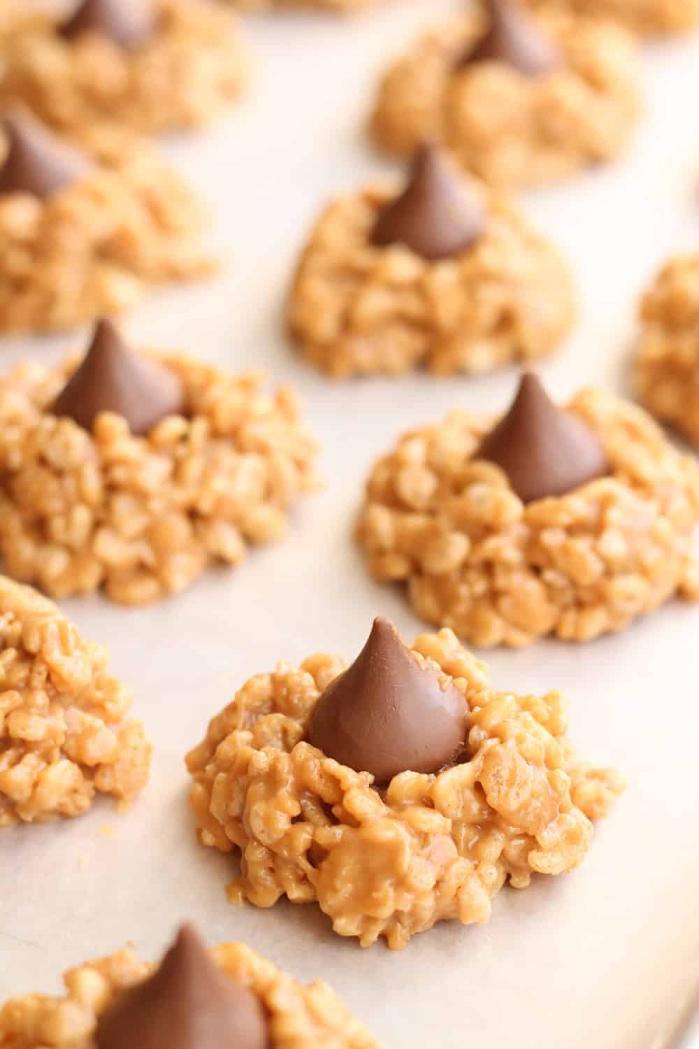 No bake peanut butter kiss cookies on baking sheet