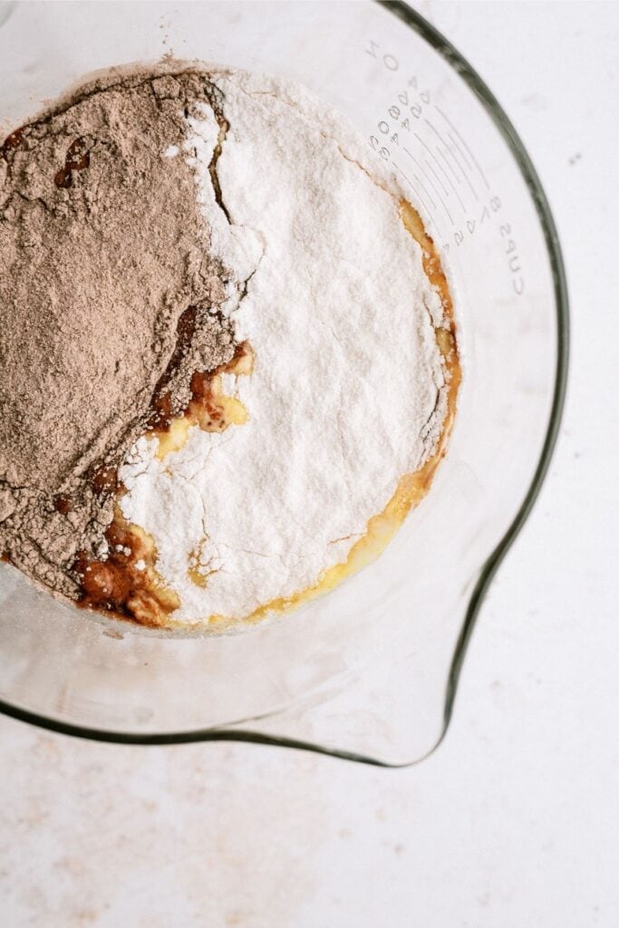 Brownie mix in glass mixing bowl.