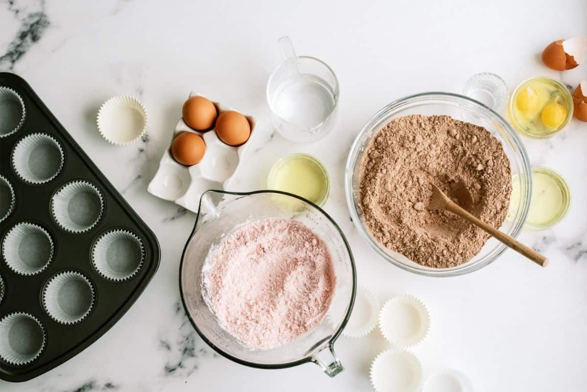 Ingredients for Valentine's Day Neapolitan Cupcakes