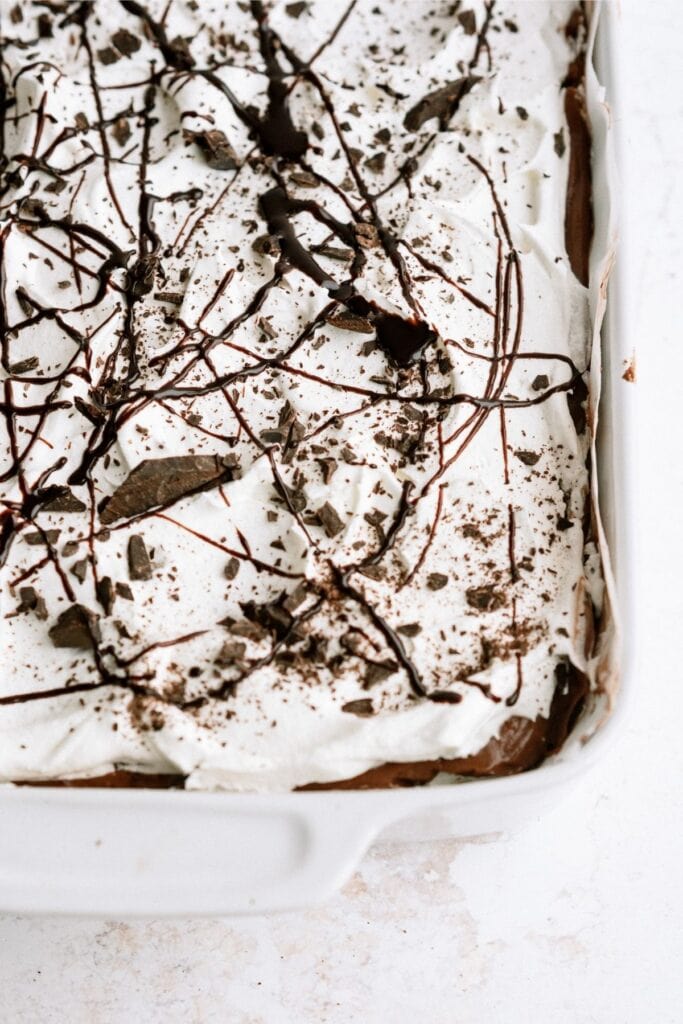 Layered Brownie Pudding Dessert in a baking dish.