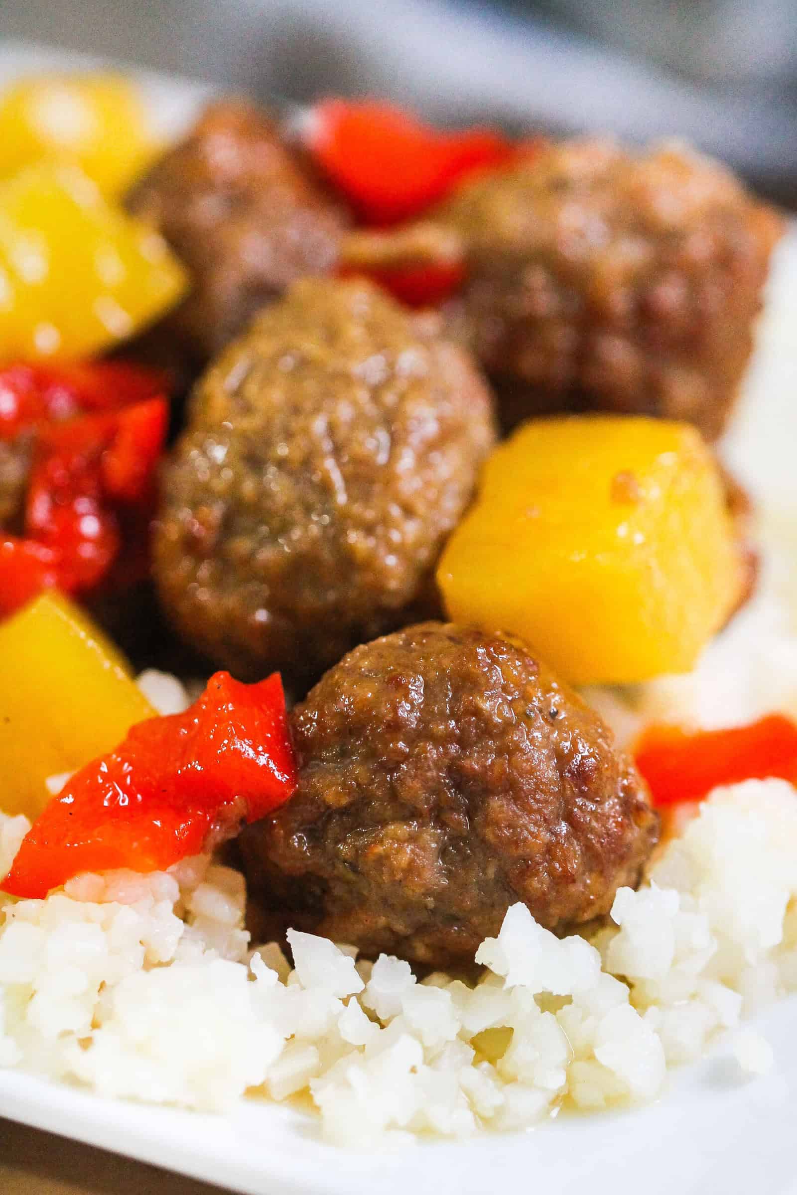 Instant Pot Hawaiian Meatballs on top of rice