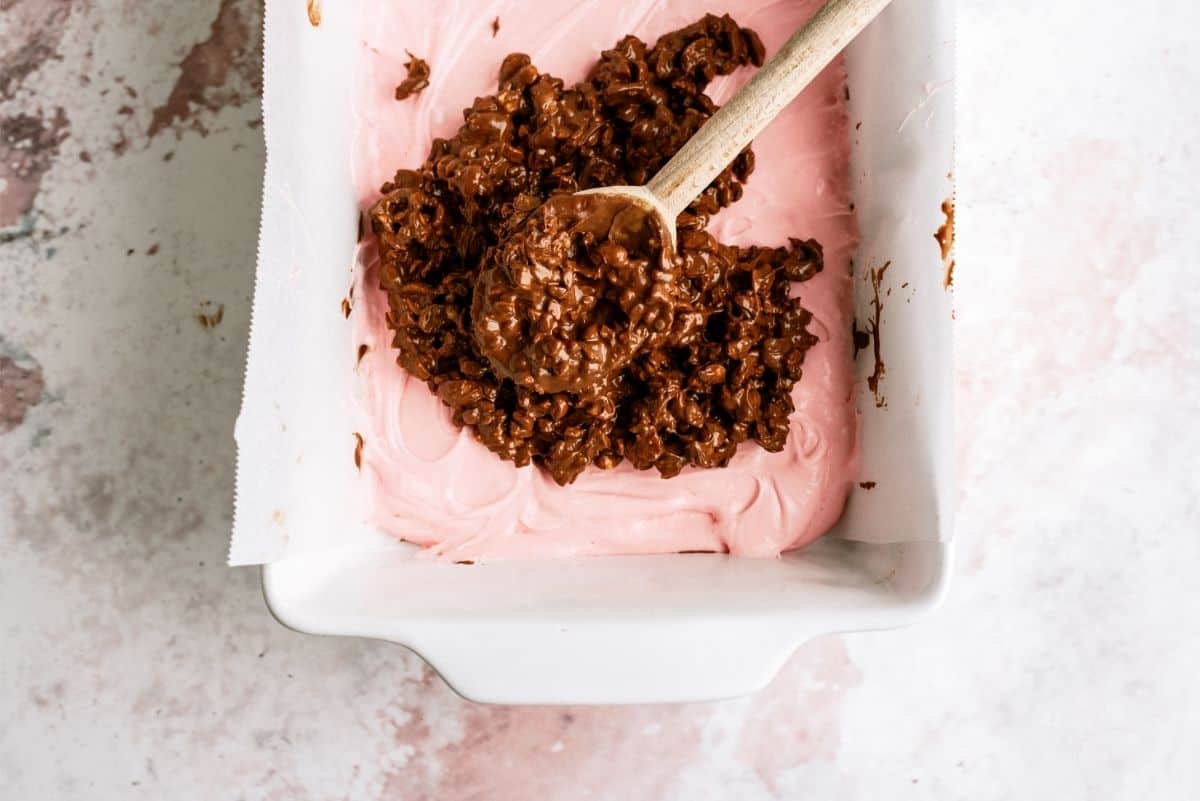 chocolate peanut butter mixture spread over marshmallow mixture