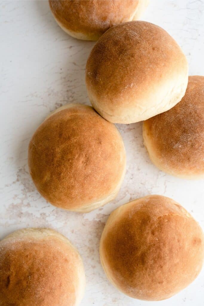 Homemade Bread Bowls on a counter top.