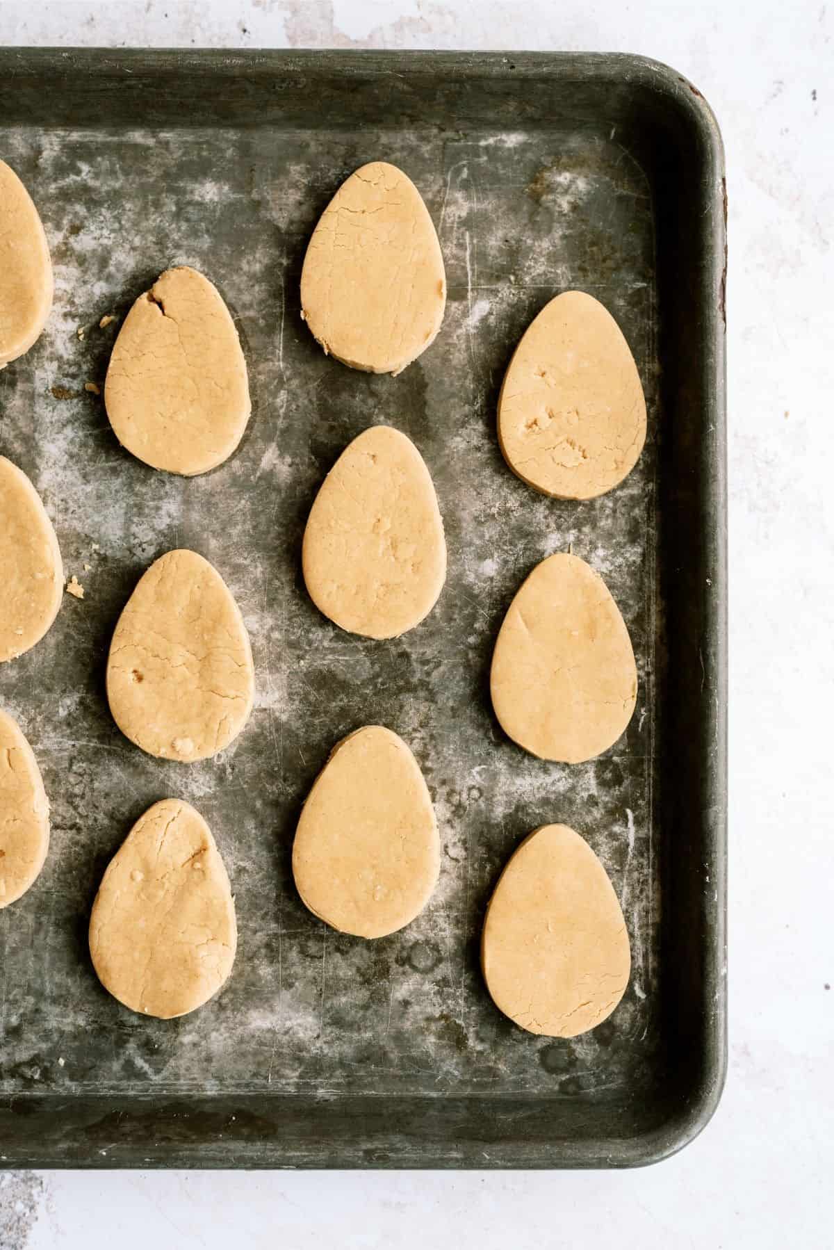 Homemade Reese's Eggs dough on cookie sheet