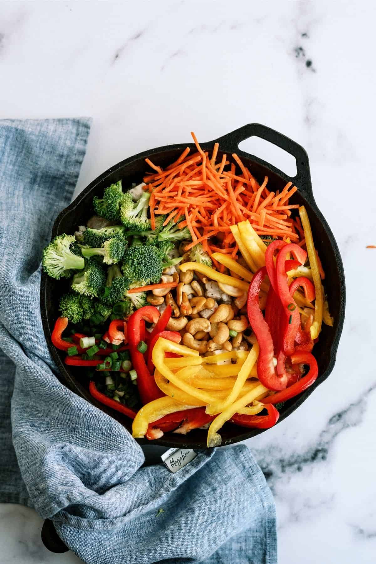 Veggies in a skillet for Cashew Chicken Skillet Stir-Fry