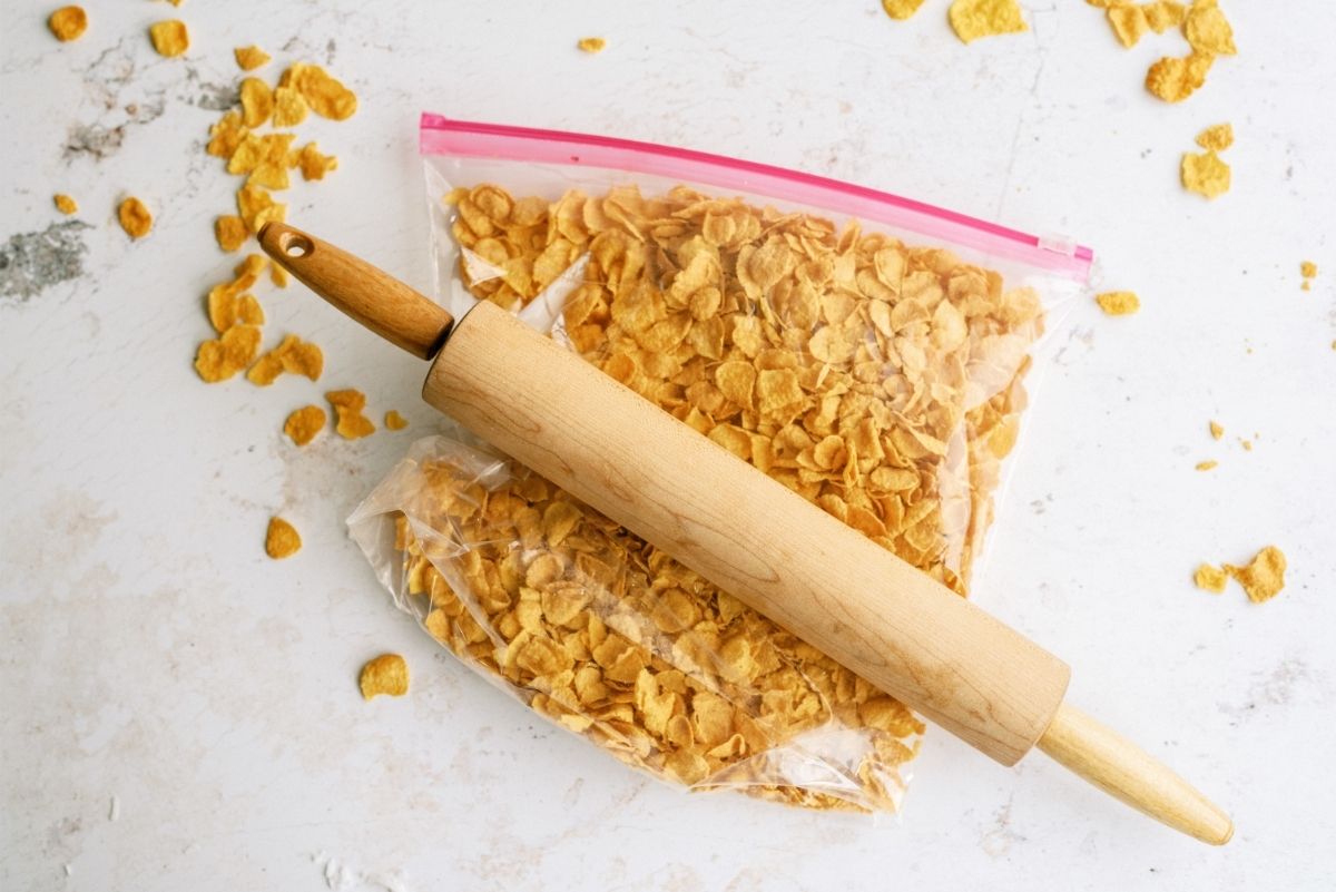Corn Flakes in Ziploc Bag with Rolling Pin