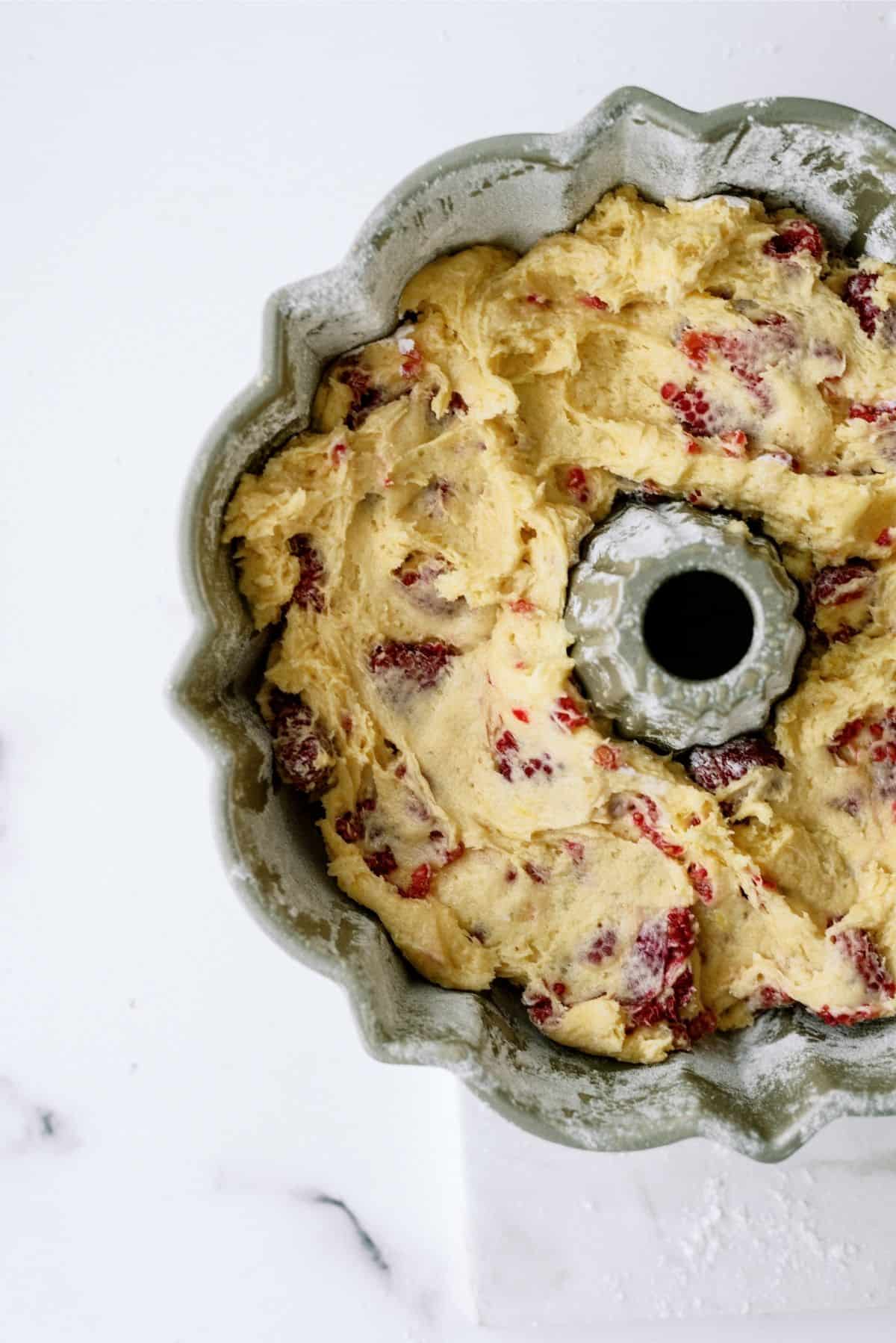 Fresh Raspberry Yogurt Bundt Cake in bundt pan