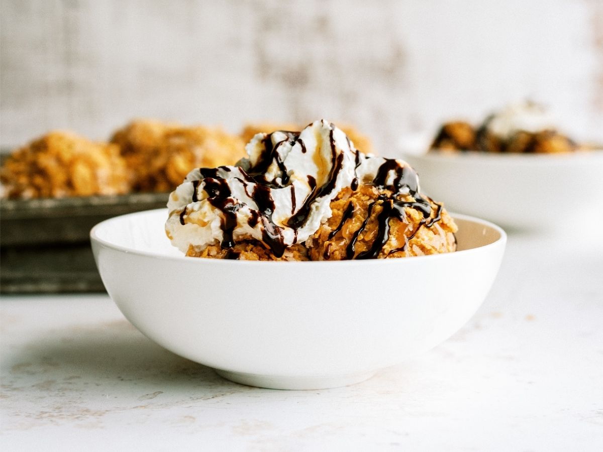 Homemade Fried Ice Cream in a white bowl