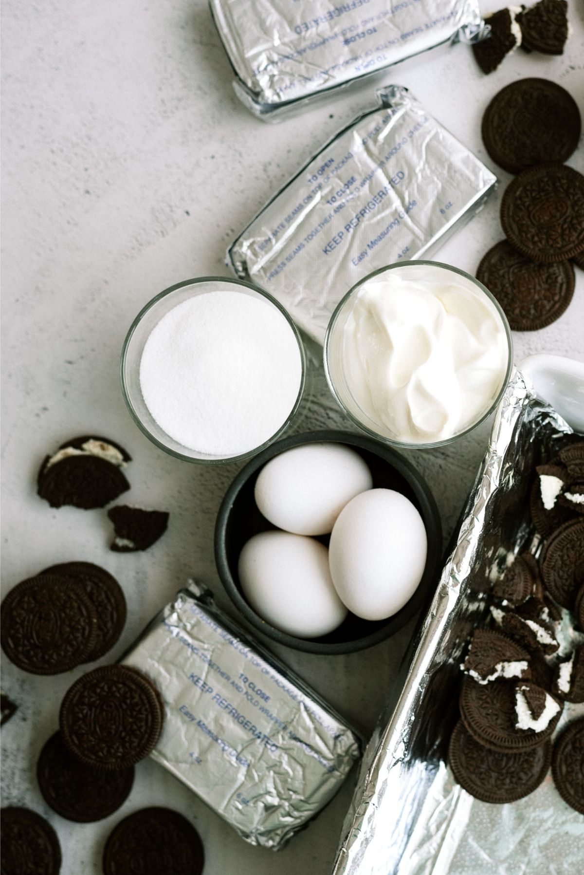 Ingredients for Cookies and Cream Cheesecake Bars