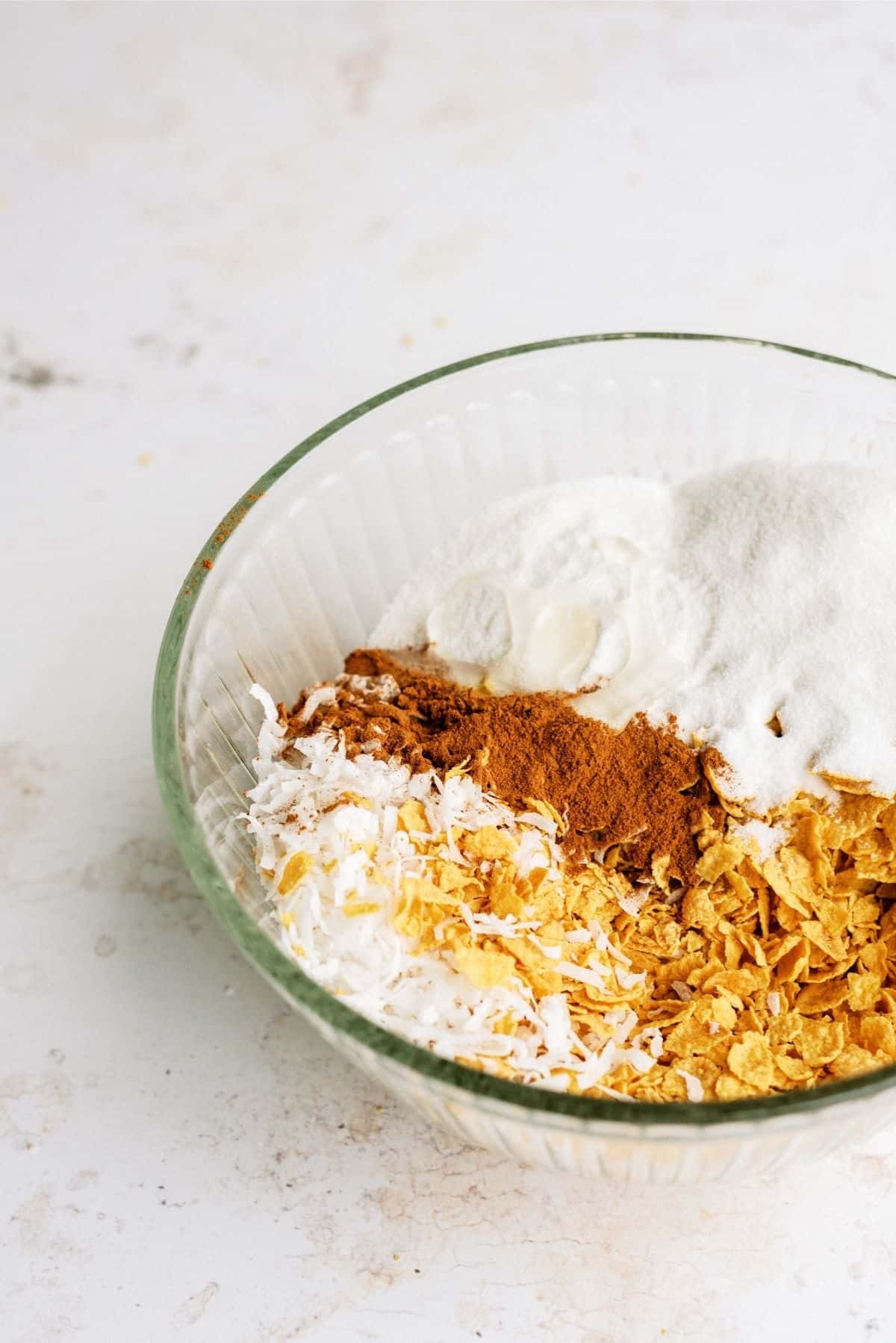 Ingredients for Homemade Fried Ice Cream in glass bowl