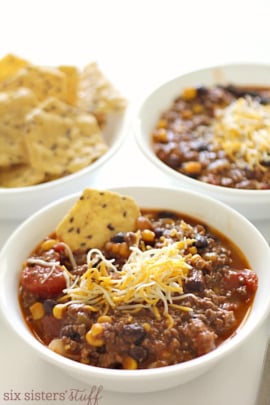 Intsant Pot Beef and Bean Taco Soup with chips and cheese