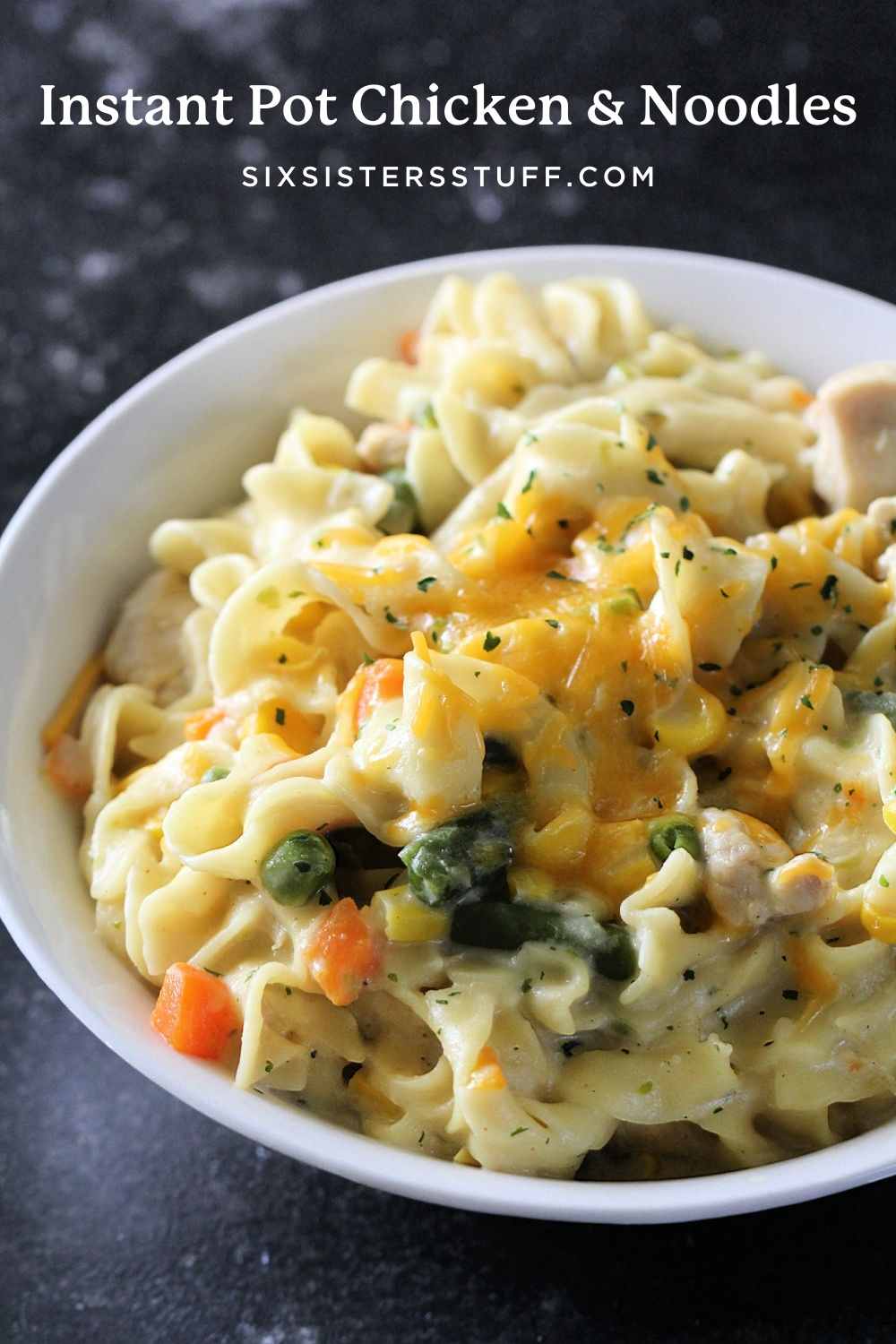 instant pot creamy chicken and noodles with vegetables served in a white bowl