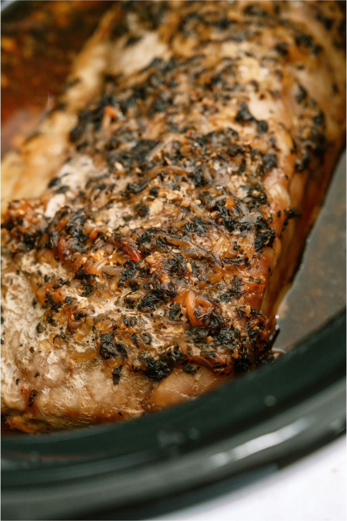 Close up of Slow Cooker Parmesan Honey Pork Roast.
