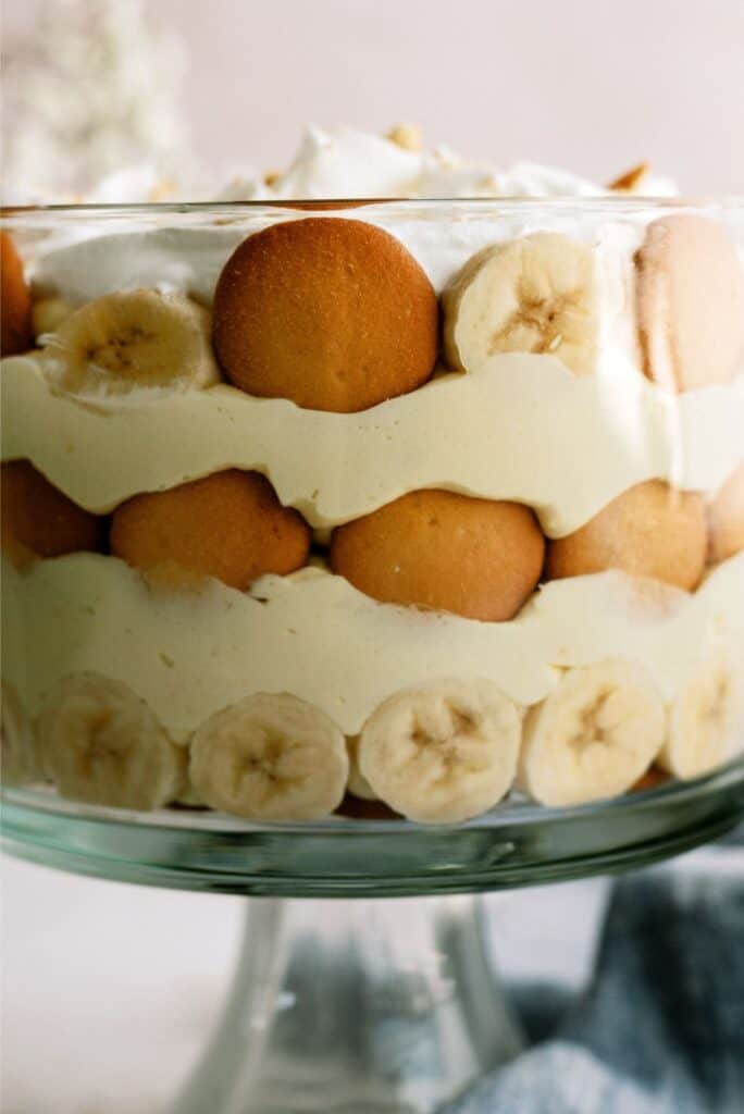 Side view of all the layers of The Best Banana Pudding (Trifle) in trifle dish.