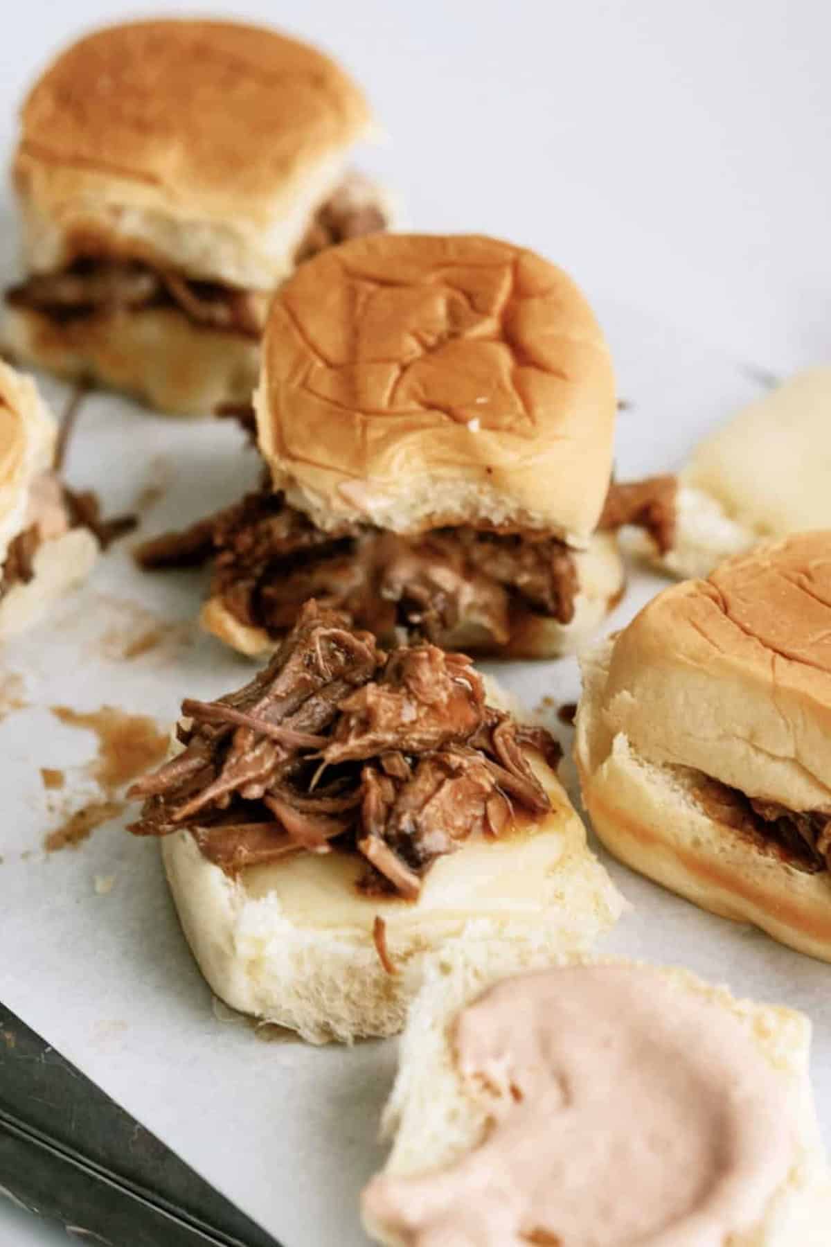 Three Envelope Pot Roast Sliders with chipotle sauce