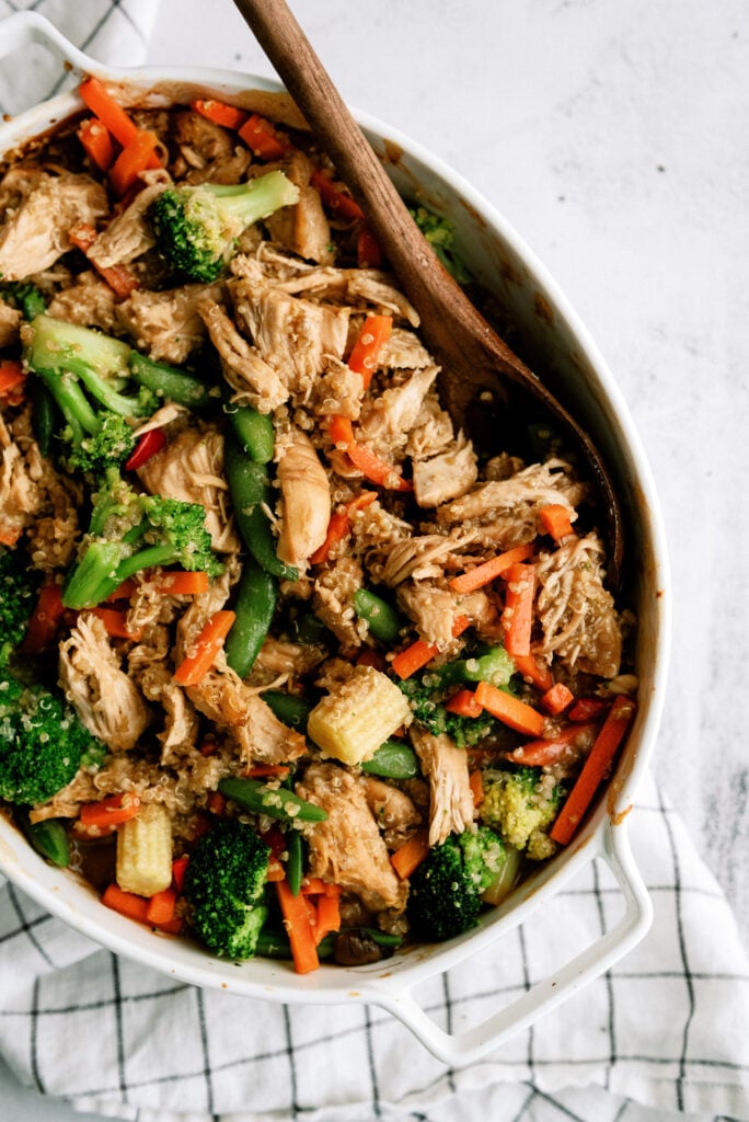 pan of teriyaki chicken and vegetables and rice together in a casserole