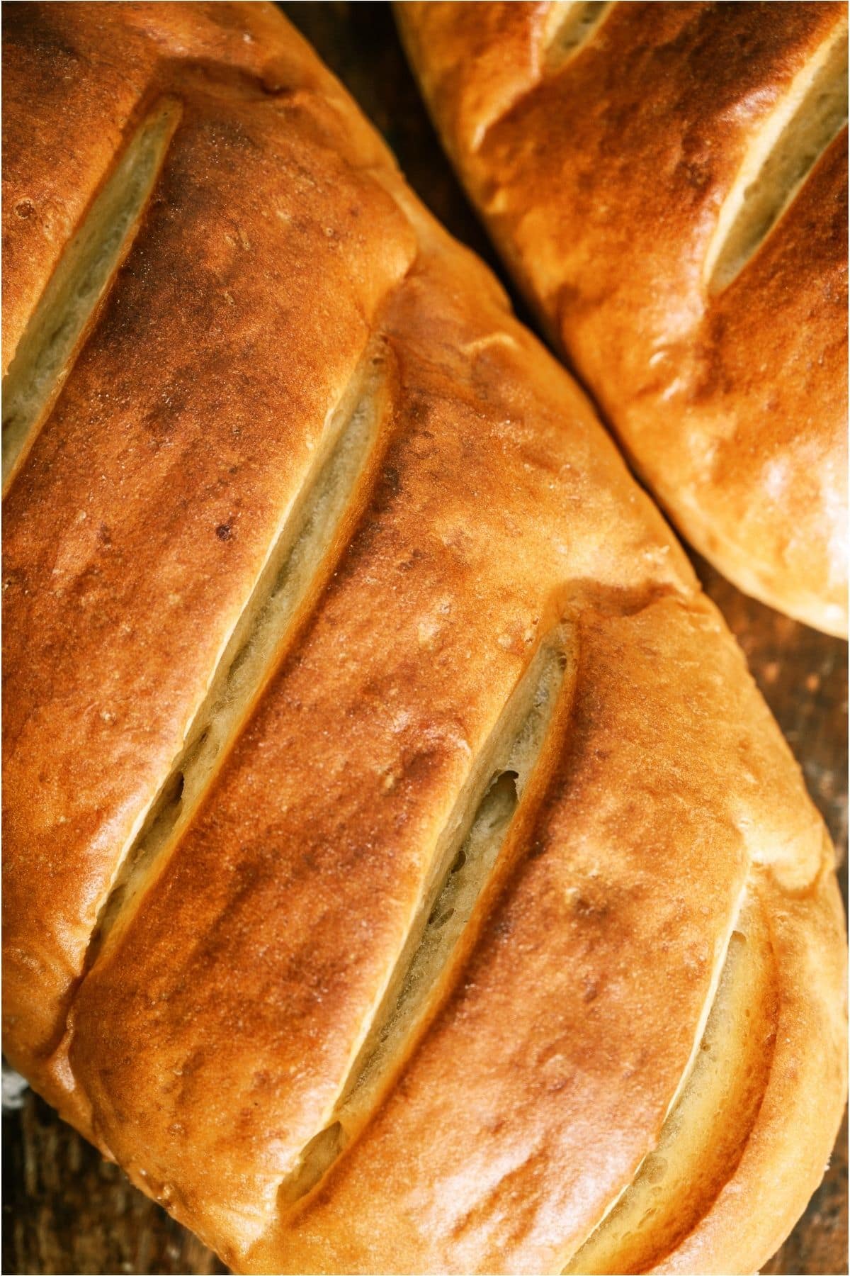 Top view close up of 2 loaves of Homemade French Bread.