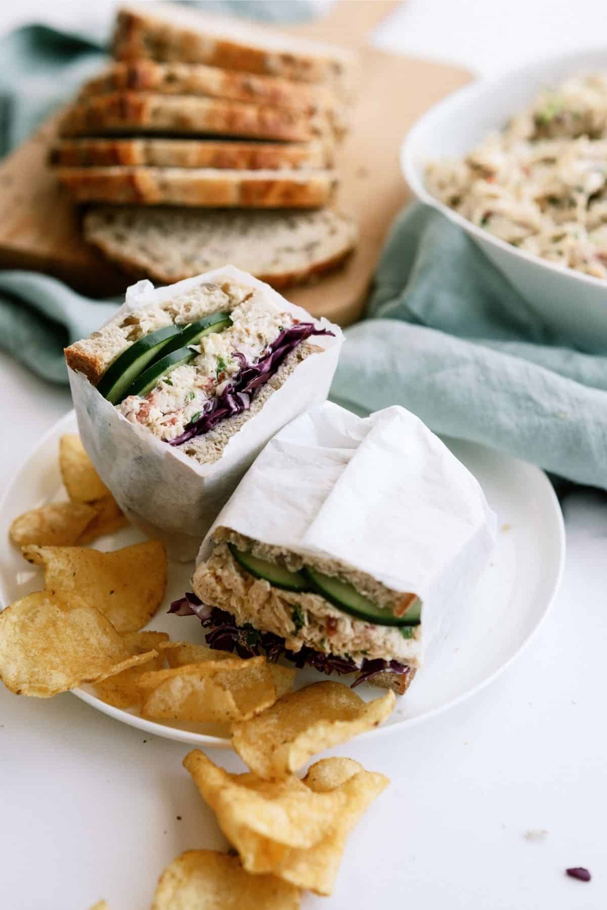 Instant Pot Chicken Bacon Ranch Sandwiches on a plate with chips