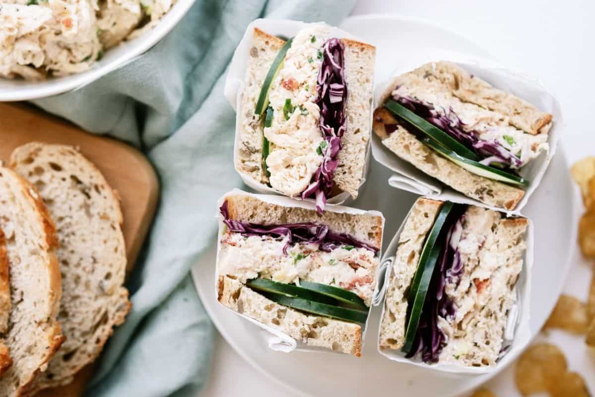 Instant Pot Chicken Bacon Ranch Sandwiches on a white plate