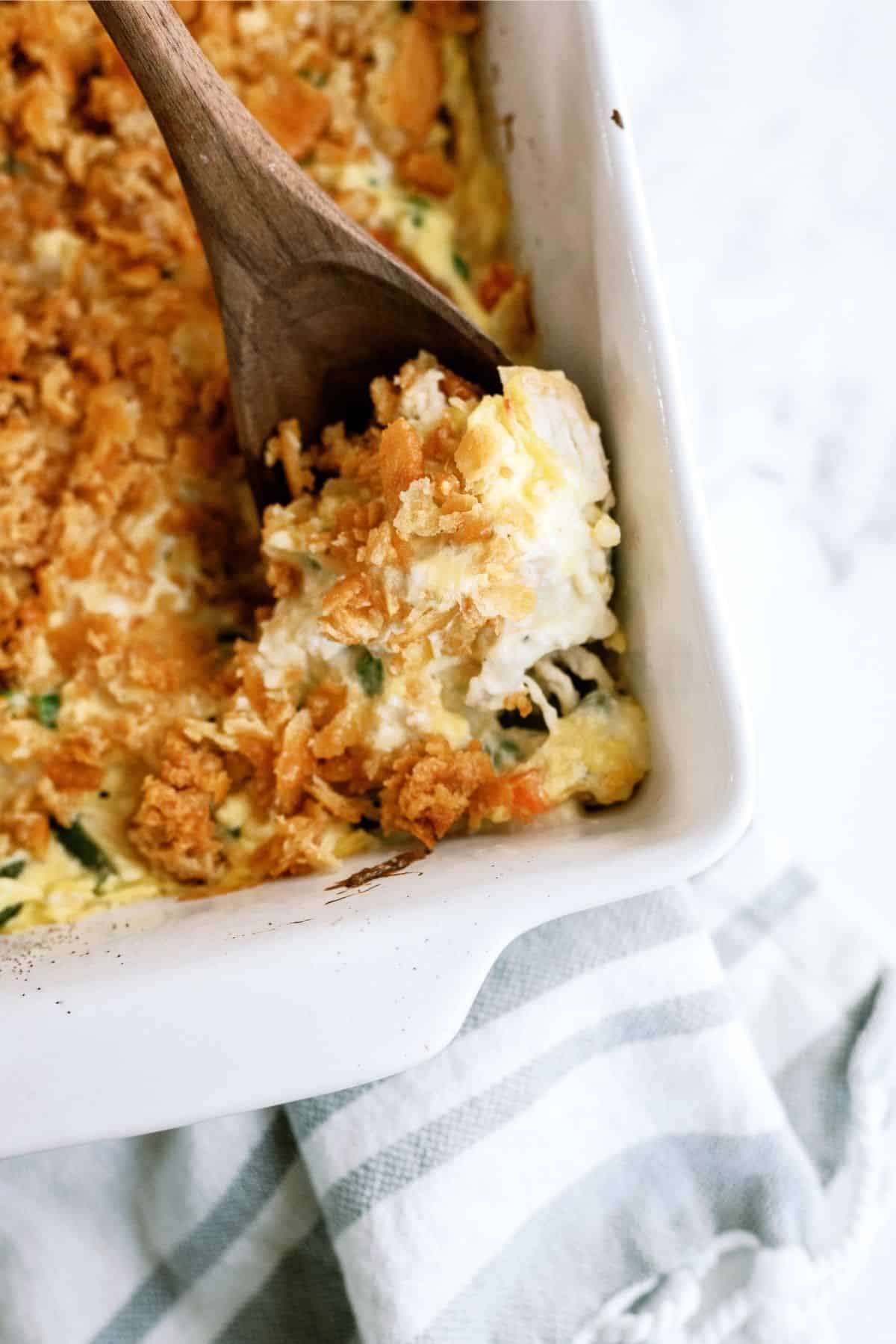 Ritz Cracker Chicken Casserole in a casserole dish