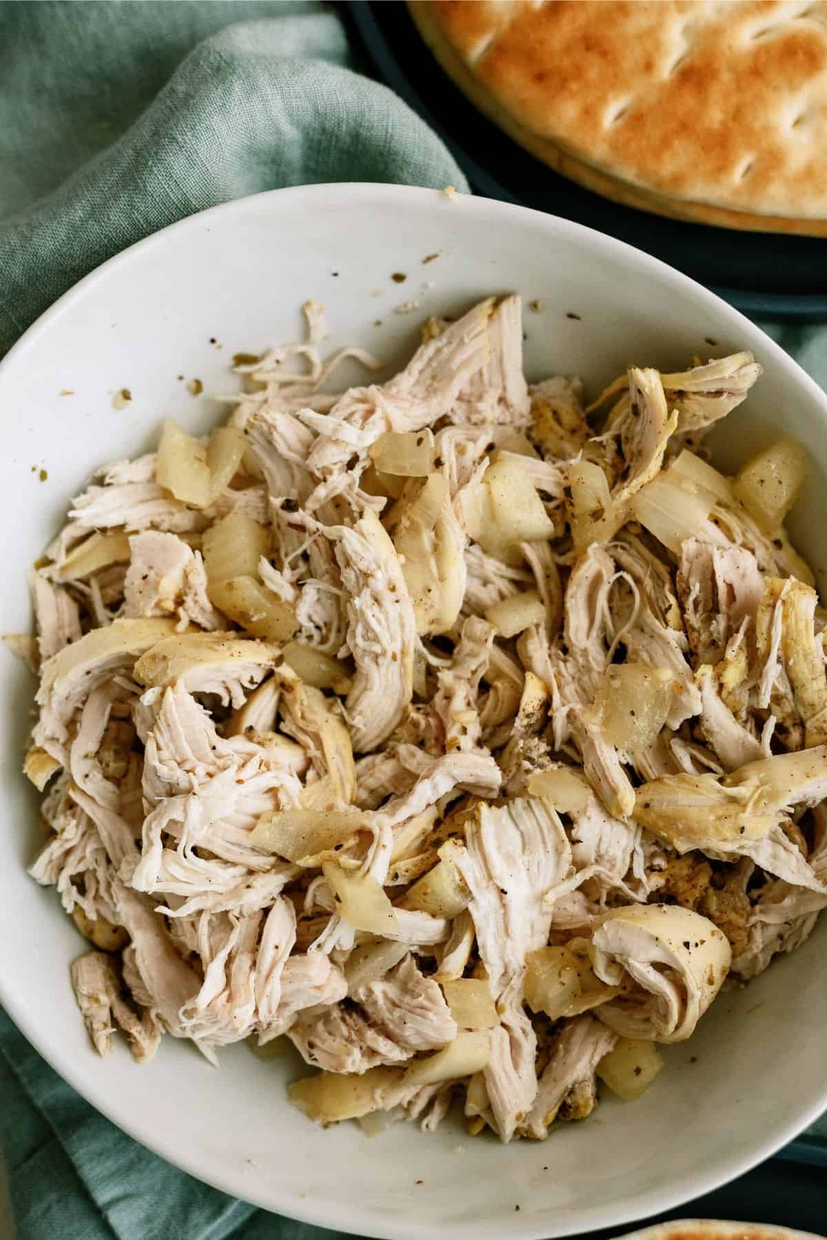 Shredded Chicken in White Bowl for Instant Pot Chicken Gyros