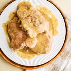 Top view of a plate of Slow Cooker Pork Chops (5 Ingredients).