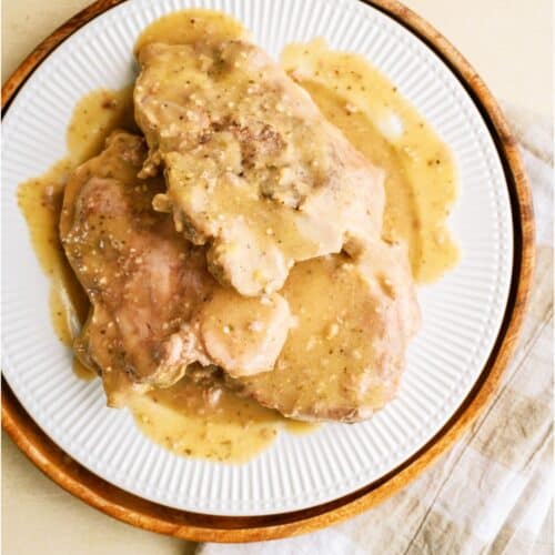 Top view of a plate of Slow Cooker Pork Chops (5 Ingredients).