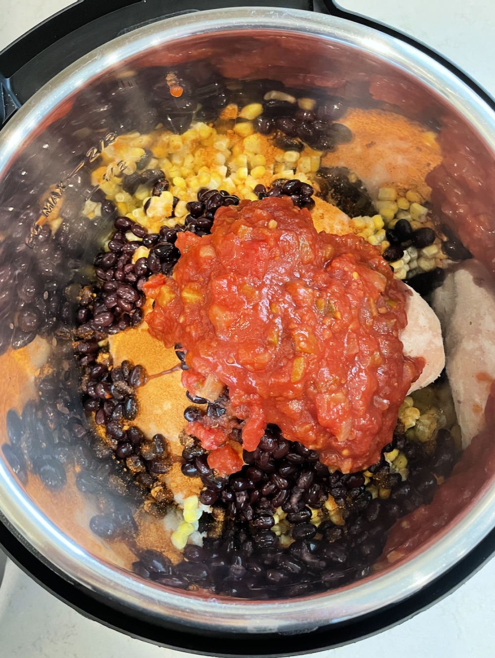 salsa, black beans, corn, and taco seasoning on top of chicken in the Instant Pot