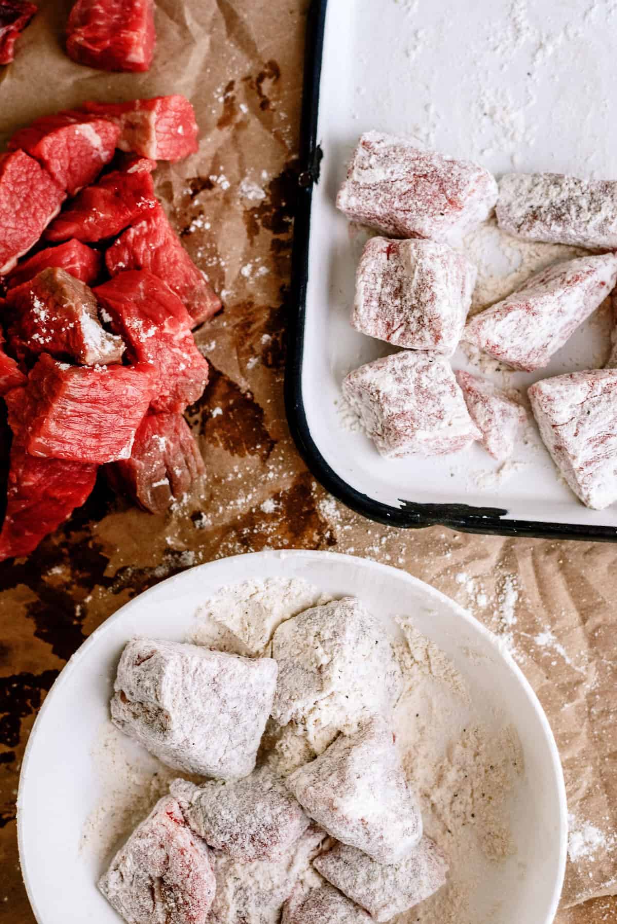 Frozen beef tips coated in flour and seasoning for Instant Pot beef tips and gravy.