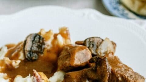 sirloin beef tips made in the Instant Pot served with potatoes and green beans
